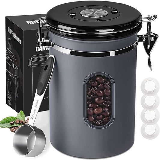 1500ML Airtight Coffee Canister with Date Tracker&Transparent Window, 18OZ Coffe Beans Storage with 30ML Measure Spoon&4 co2 Valve, Coffee Container for Grounds Coffee, Beans, Tea, Sugar, Flour(Gray)