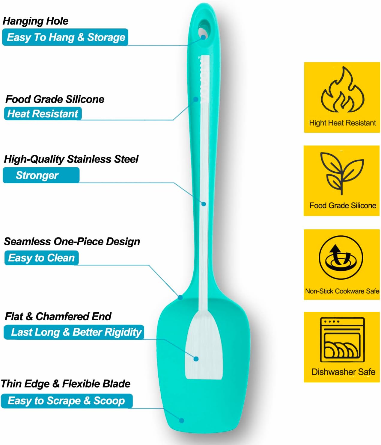Silicone Spatula Set, High Heat Resistan Rubber Spoon Spatula, Non-Stick Spoonula with Seamless One Piece Design, Flexible Scrapers Baking Mixing Tool, 3 Pack, teal