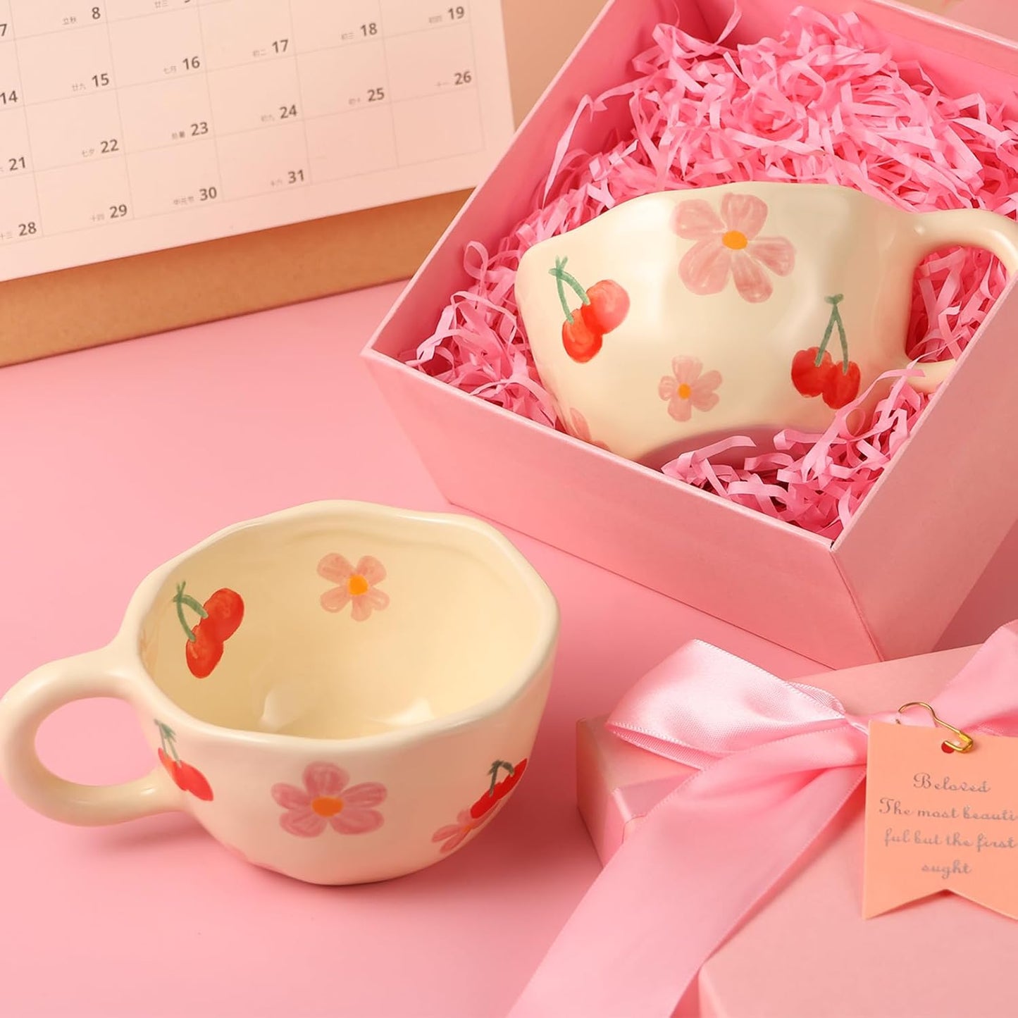 Ceramic Coffee Mug Vintage Flower Mugs 8 oz Cute Floral Coffee Mugs Irregular Latte Art Cup Lead-free Porcelain Cups for Cappuccino, Cocoa (2 Pcs Pink Cherry)