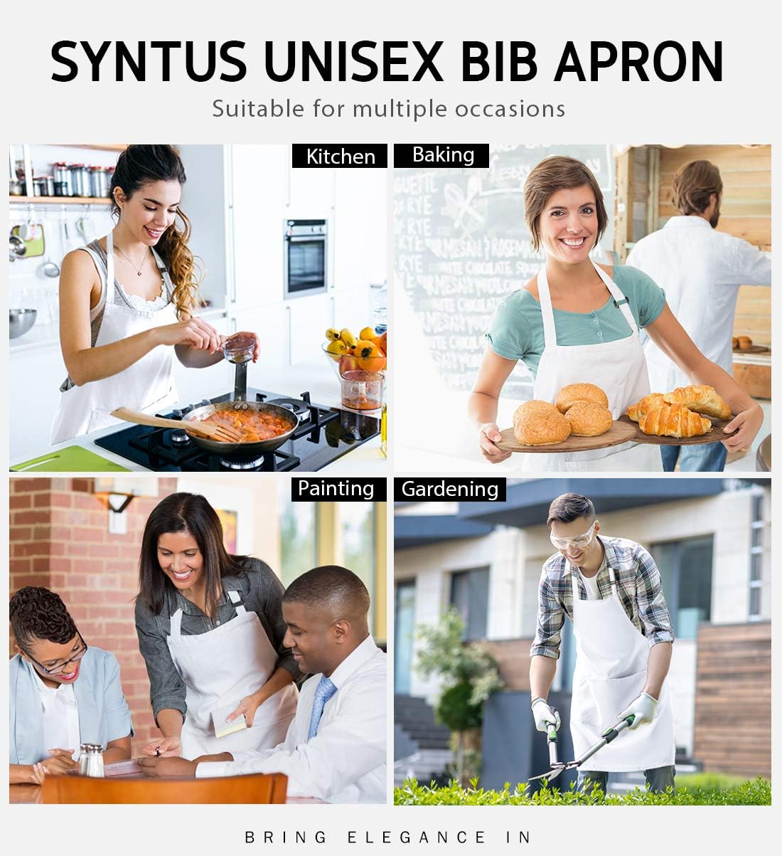 Syntus 12 Pack Bib Apron, Unisex Aprons Adjustable 100% Cotton with 2 Pockets Cooking Kitchen Aprons for Women Men Chef, BBQ Drawing Apron Bulk, White