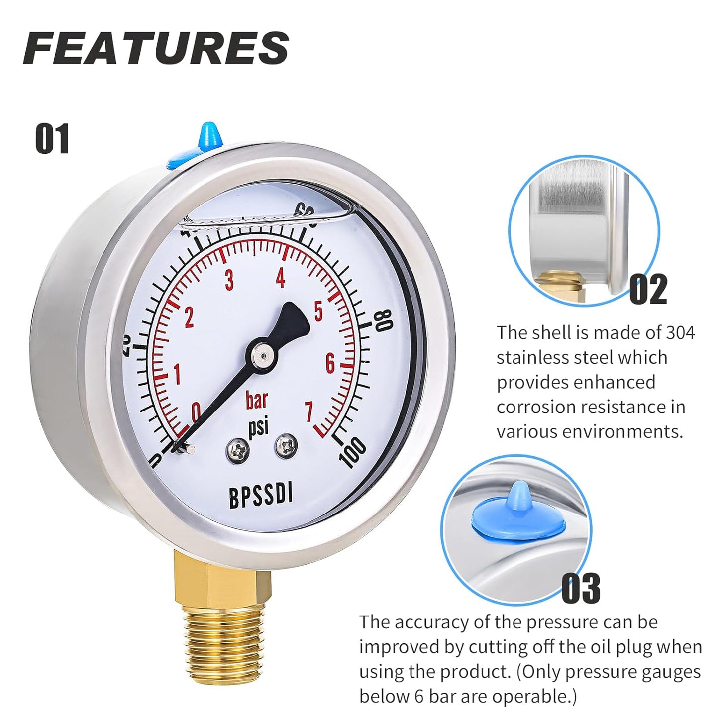 0-100 Psi Glycerin Liquid Filled Low Pressure Gauge, 2.5" Dial Size, 1/4" NPT Lower Mount, 304 Stainless Steel Case, for Water Pump, Pneumatic Air, RV Hose, Gas Pressure Test