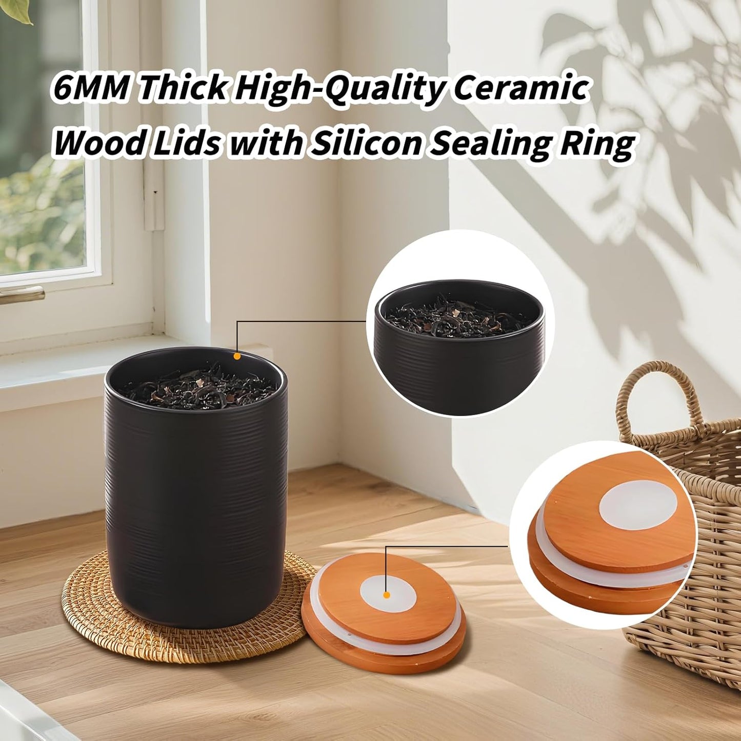 Food Storage Jar Strong Ceramic Storage Canisters with Airtight Wooden Lid,Kitchen Storage Containers for Serving Coffee Beans, Tea, Sugar, Salt, Spices (Little black)