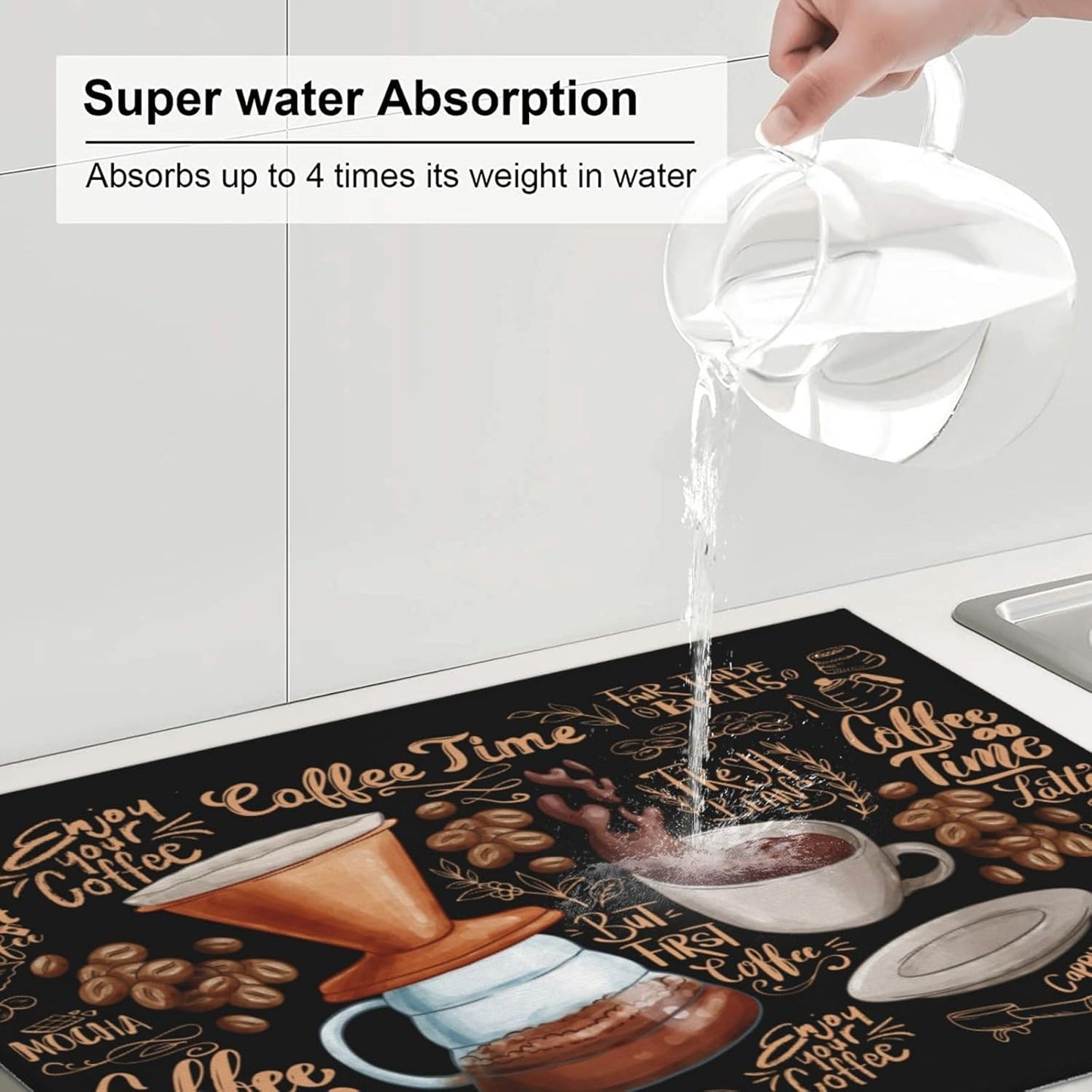 Fun Coffee Dish Drying Mat, Highly Absorbent Microfiber Kitchen Counter Pad Reusable Washable, 18*24"