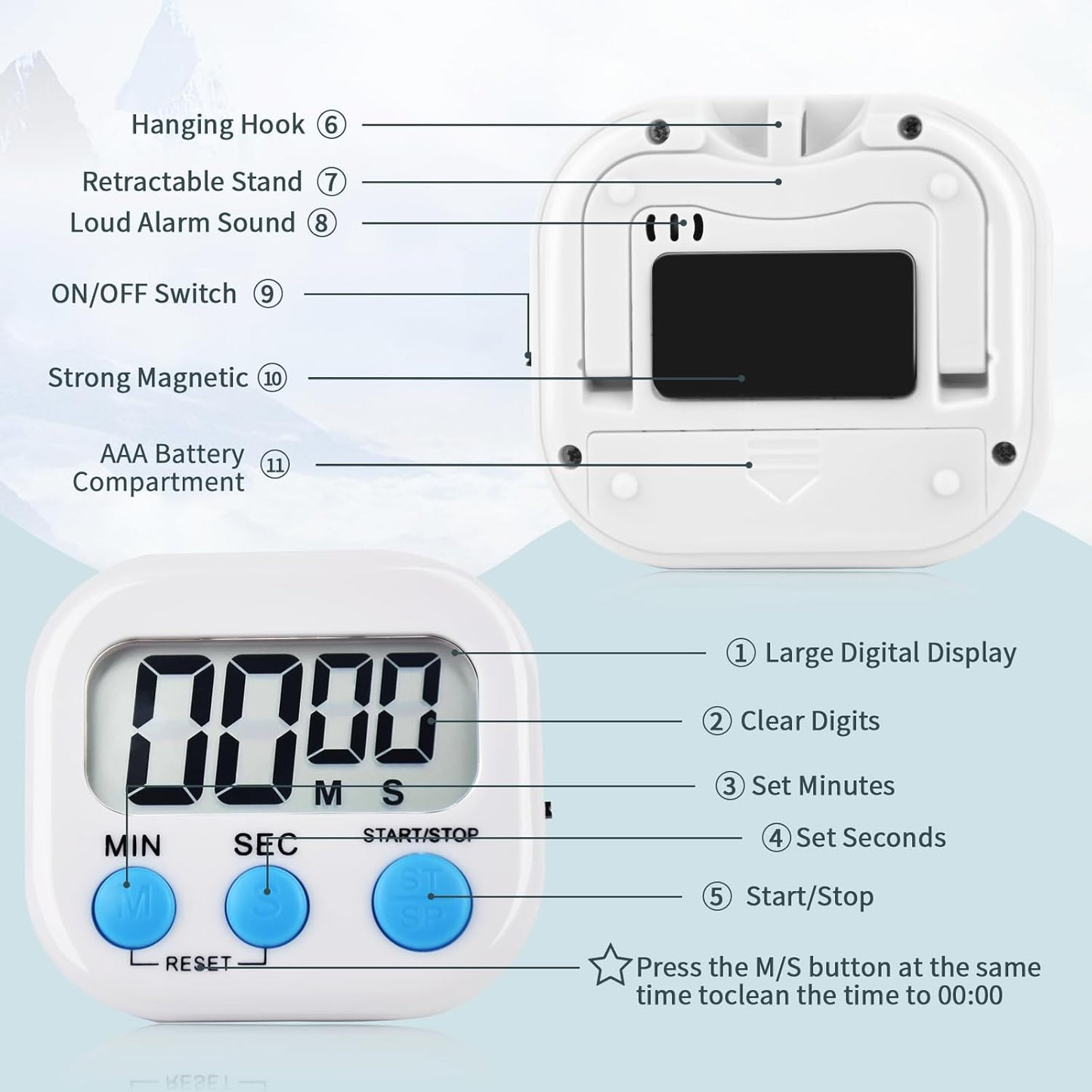 4 Pack White Digital Kitchen Timer Magnetic Digital Timer with Big Display Loud Ring Cooking Timers for Cooking, Game, Gym, Break Time, Classroom (4, White)