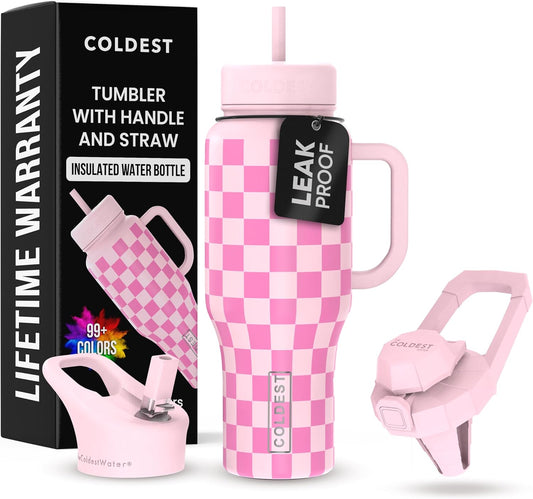 Coldest 40 oz Tumbler with Handle and Straw - 100% Leak Proof Insulated Tumbler with Lid and Straw (3 Lids) - Stainless Steel Tumblers for Women & Men - Cup Holder Friendly Base, 36 oz (Pink Checkers)