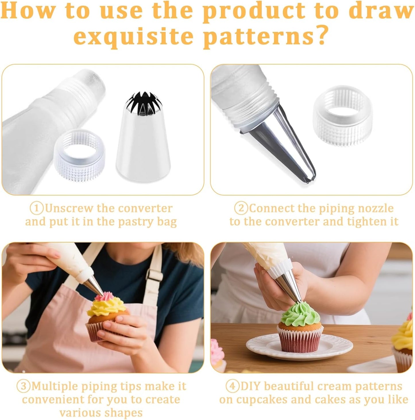 Stainless Steel Piping Tips Set with Reusable Piping Bags - Professional Icing Bags and Tips Set for Cake Decorating - Cupcakes, Cookies, Chocolate - Ultimate Cake Decorating Tips Kit (White)