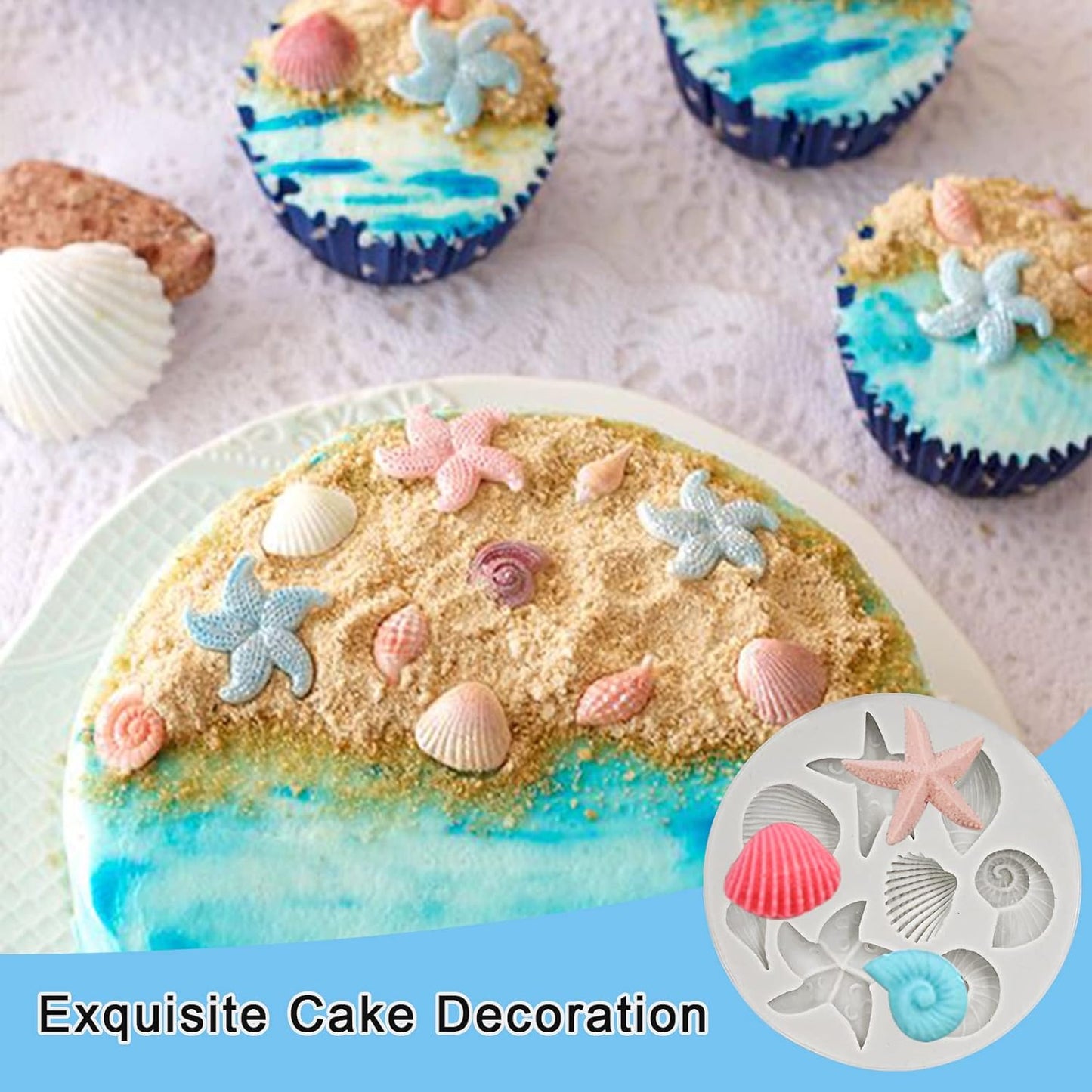 MEMOVAN Under the Sea Silicone Mold 3pcs Marine Fondant Cake Mold Seashell Conch Starfish Silicone Baking Mold for Under the Sea Ocean Chocolate Candy Cake Decoration Polymer Clay Gum Paste Craft