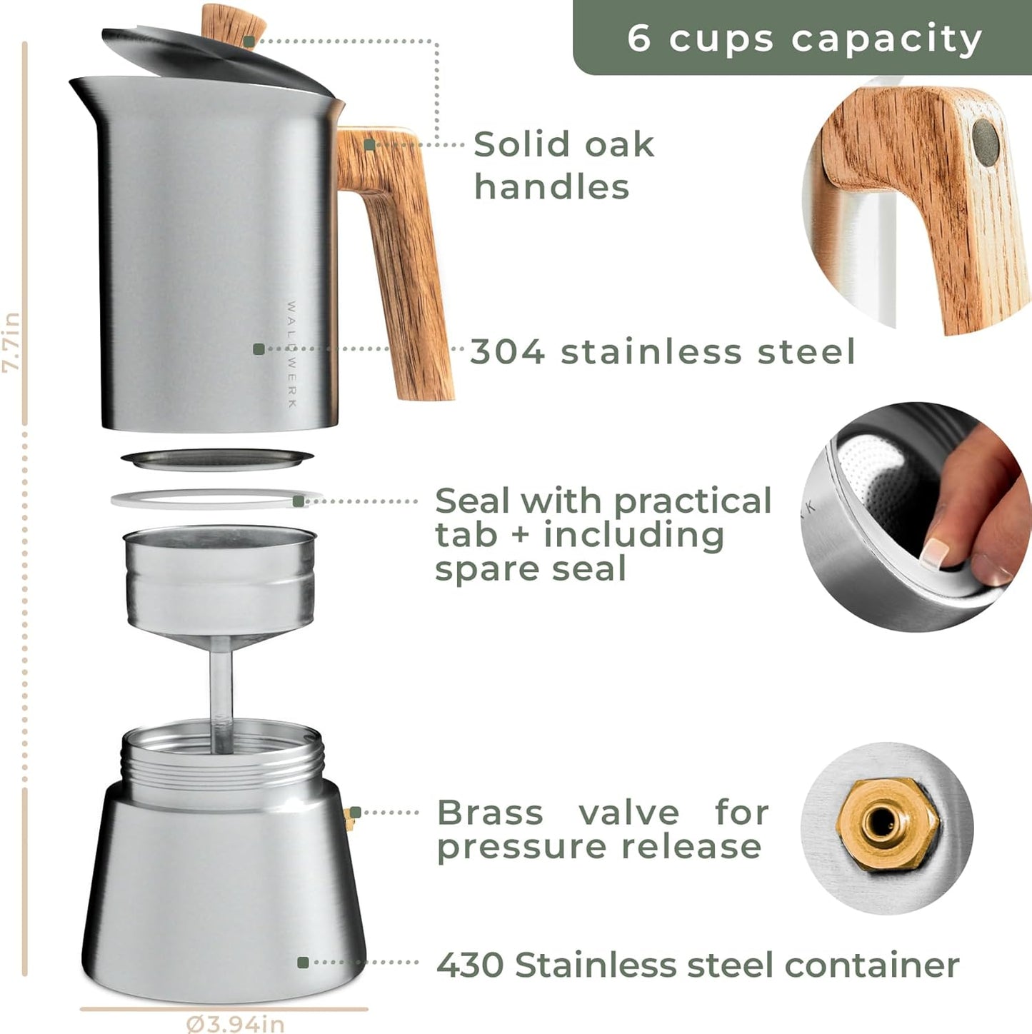 WALDWERK Stainless Steel Moka Pot (10oz) - Toxic Free Moka Pot with Oak Wood Handle - Stovetop Espresso Maker - Italian Coffee Maker for Stovetop and Induction