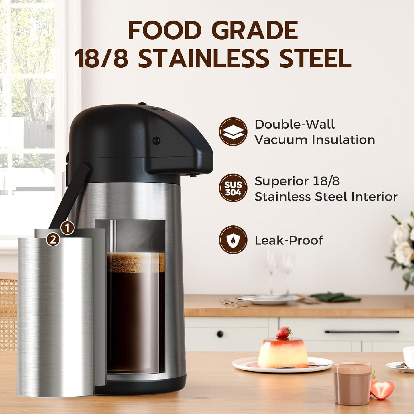 Coffee Carafe for Keeping Hot - 64OZ / 1.9L Airpot Coffee Dispenser with Pump - Large Coffee Thermos for Hot Drinks Tea Liquid - Insulated Stainless Steel Hot Water Beverage Dispenser Urn for Parties