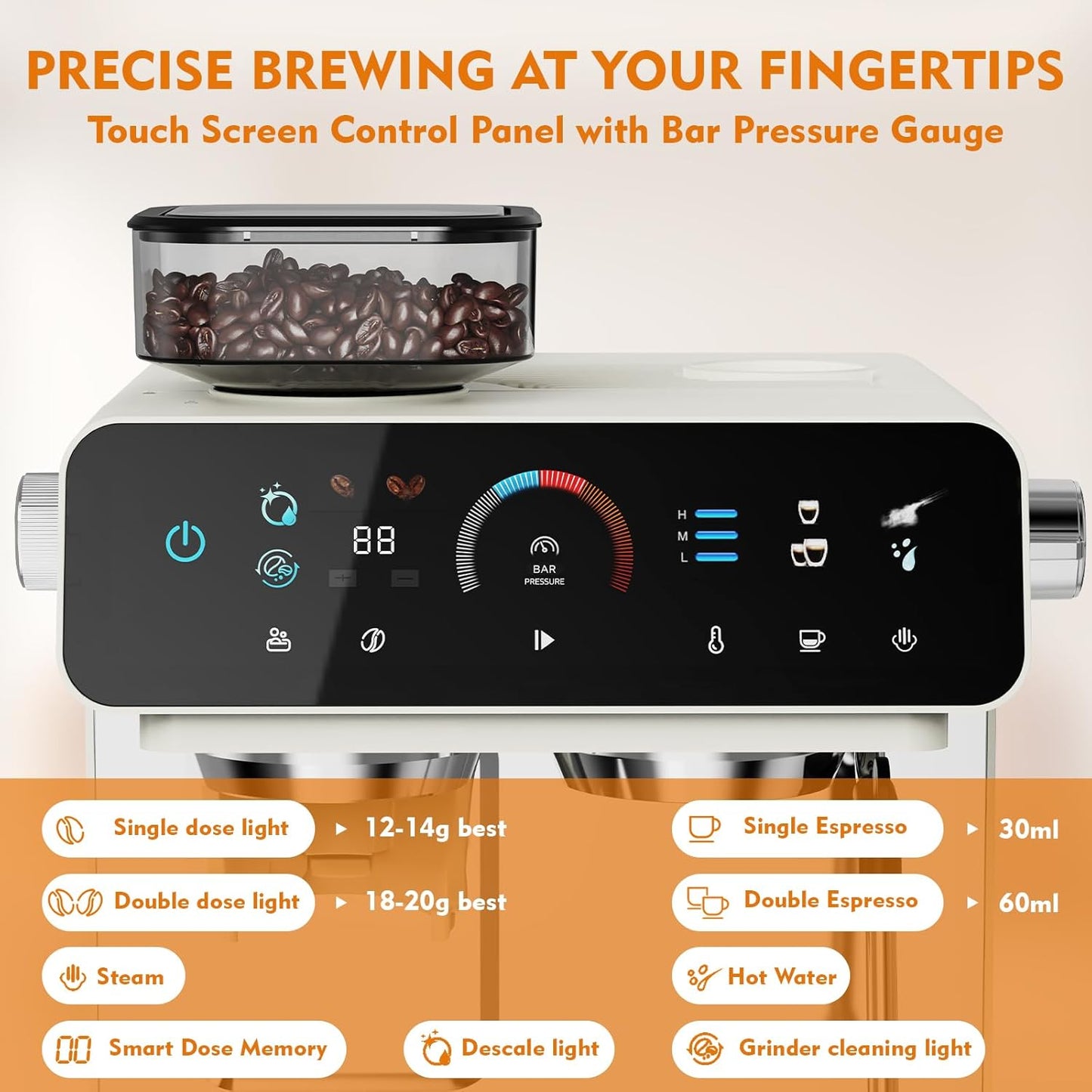 Espresso Machine with Grinder, 20 Bar Professional Espresso Maker with 19 Grind Sizes, Coffee Machine with Milk Frother, 2.8L Removable Water Tank for Latte & Cappuccino