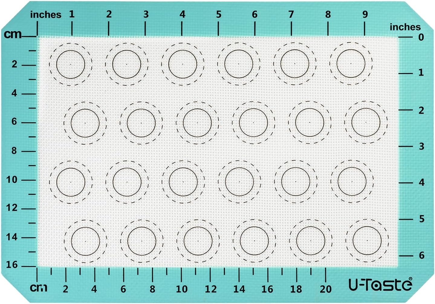 446ºF Heat Resistant Macaron Mat: U-Taste 11.75x8.25in Non Stick Silicone Baking Mat, Reusable Cookies Pastry Sheet Liner with Edge Enhancement & Circle Measurement for Cake Pan (Aqua Sky)
