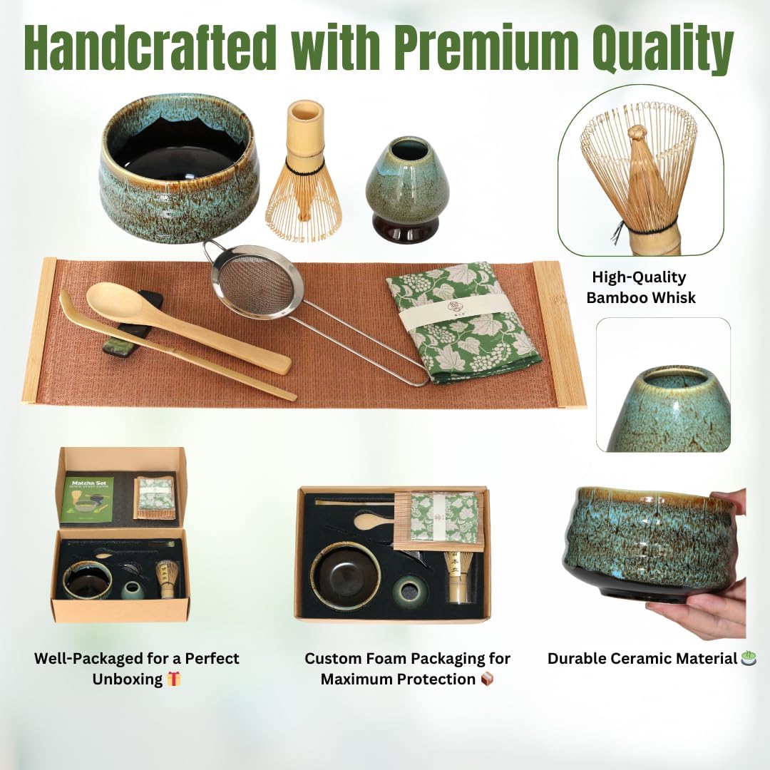 Annie & Mia Design Matcha Whisk Set (9pcs), Japanese Tea Matcha Set includes Ceramic Matcha Bowl, Bamboo Matcha Whisk(chasen), Ceramic Matcha Whisk holder, Bamboo Matcha Scoop (chashaku). Blue color