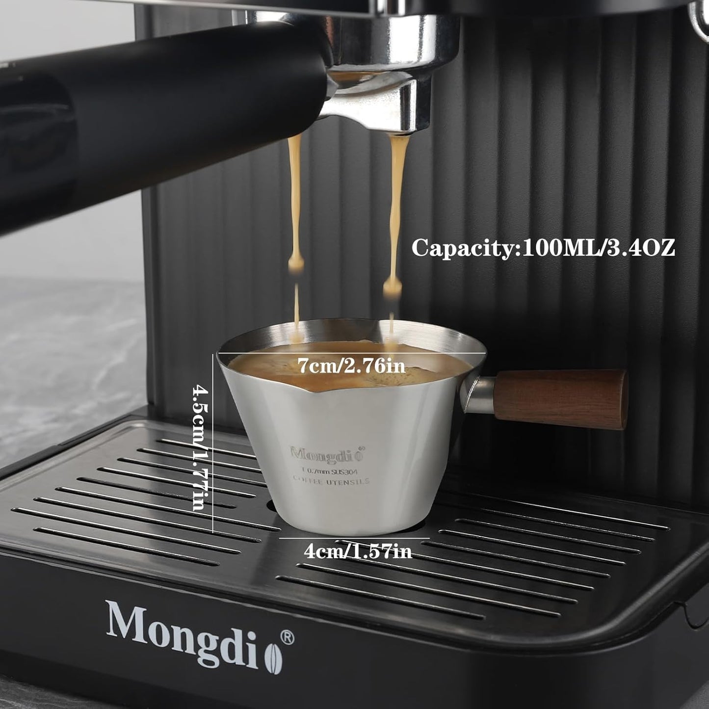 Mongdio Espresso Measuring Cup, Stainless Steel Espresso Shot Cups with Wooden Handle and Double Spouts, 3.4OZ/100ML, Silver