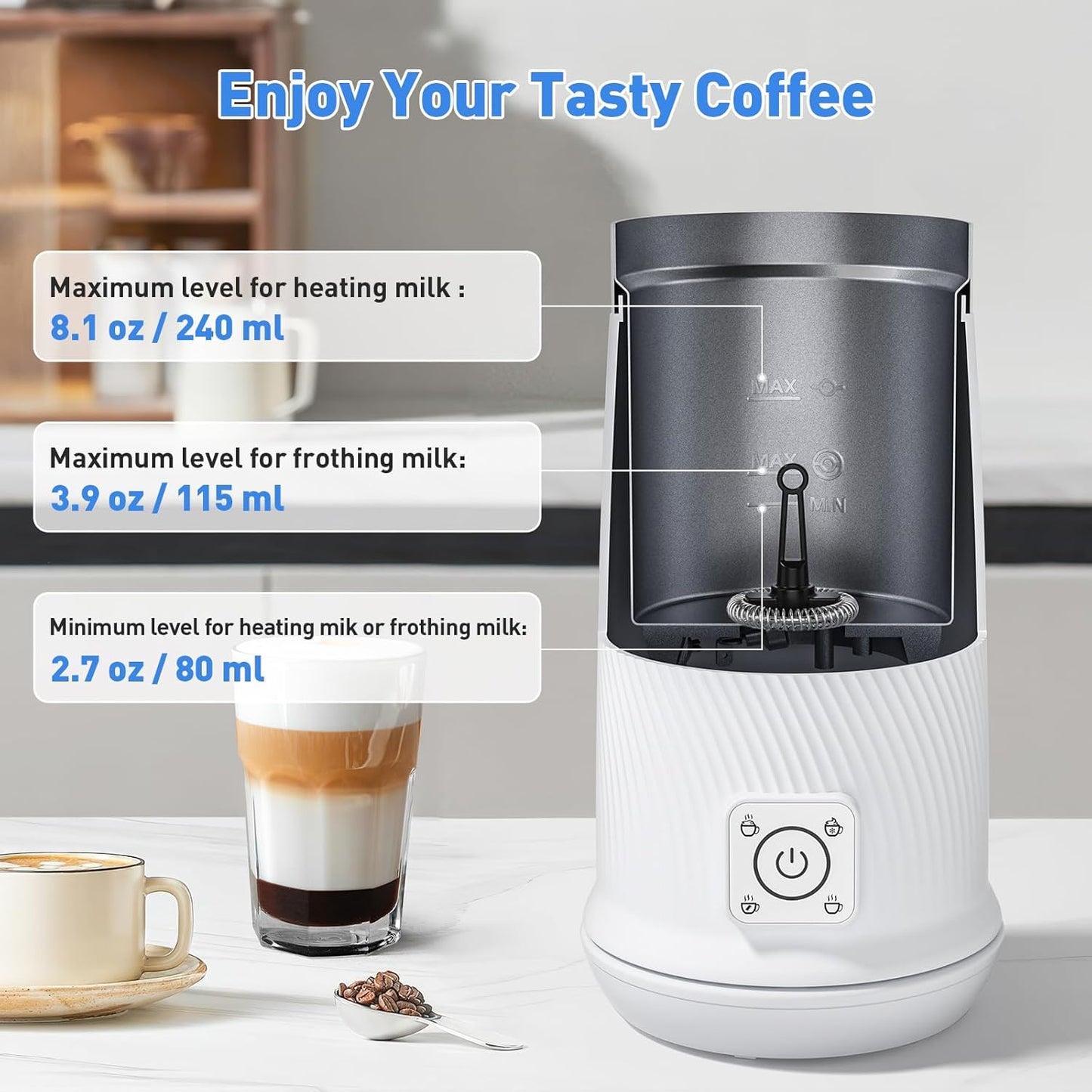 Secura 4-in-1 Electric Milk Frother & Warmer – Hot/Cold Foam Maker for Lattes, Cappuccinos, Macchiatos, Hot Chocolate & Matcha – IPX6 Splashproof, Auto Shut-Off, Teflon-Free & BPA-Free