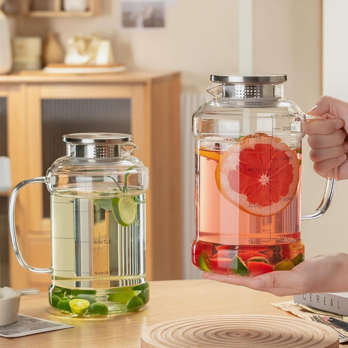 Glass Pitcher with Lid, 2 PACK 74 oz/2.2L Water Pitcher, Clear Borosilicate Glass Water Carafe for Cold Brew, Coffee, Lemonade, Iced SunTea,Beverage, Heat Resistant Water Glass Jug