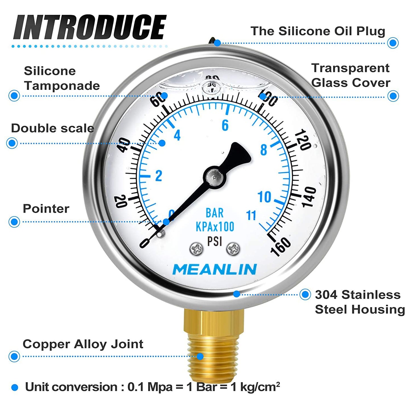 MEANLIN MEASURE 0~160Psi Stainless Steel 1/4" NPT 2.5" FACE DIAL Liquid Filled Pressure Gauge WOG Water Oil Air Lower Mount (Pack of 2), with 1/2" NPT and 3/8" NPT Hex Bushing