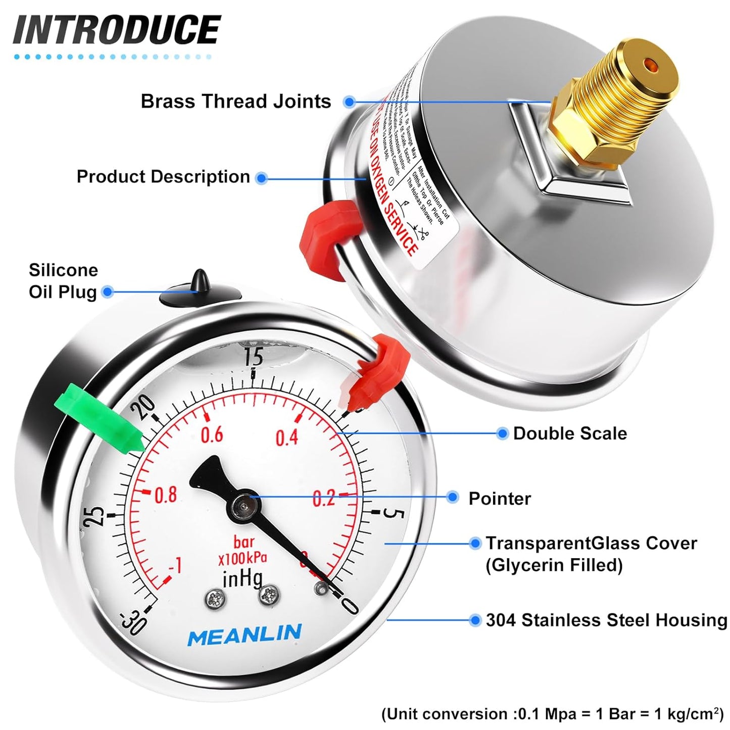 MEANLIN MEASURE -30inHG~0Psi Vacuum Pressure Gauge 1/4" NPT 2.5" FACE DIAL, Stainless Steel Liquid Filled Pressure Gauge WOG Water Oil Air Center Back Mount (with 2PCS Snaps)