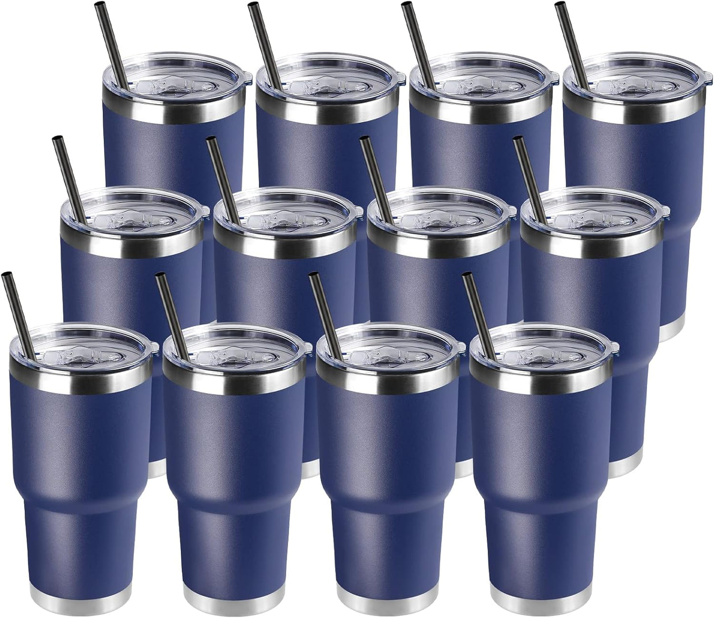 DOMICARE 30 oz Tumbler with Lid and Straw, Stainless Steel Tumblers Bulk, Insulated Vacuum Double Wall Travel Coffee Mug, Durable Powder Coated Tumbler Cups (Navy, 12)