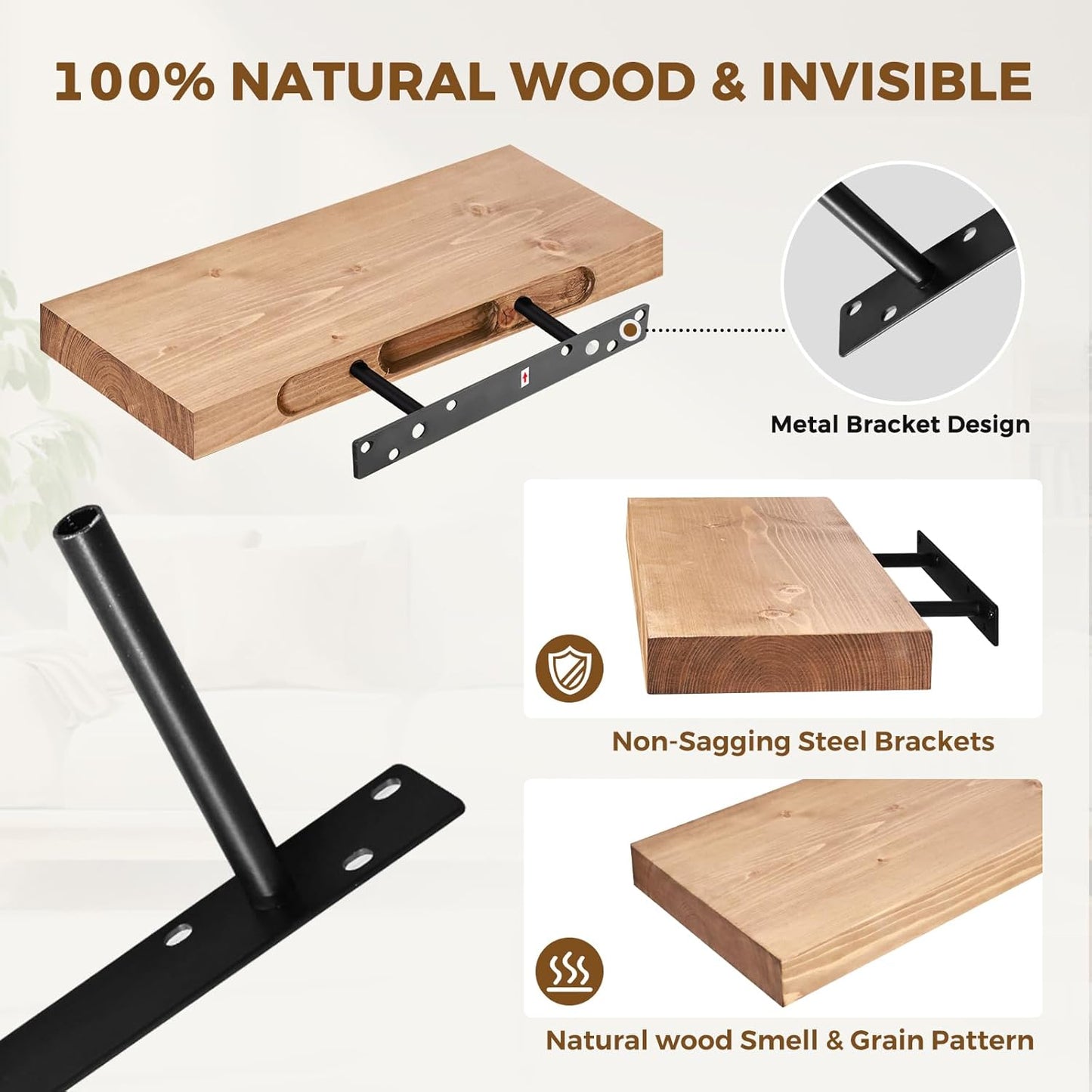 17x8x1.6 inch Floating Shelves Set of 2 – Solid Wood Rustic Oak Wall Mounted Shelf for Kitchen, Bathroom, Living Room