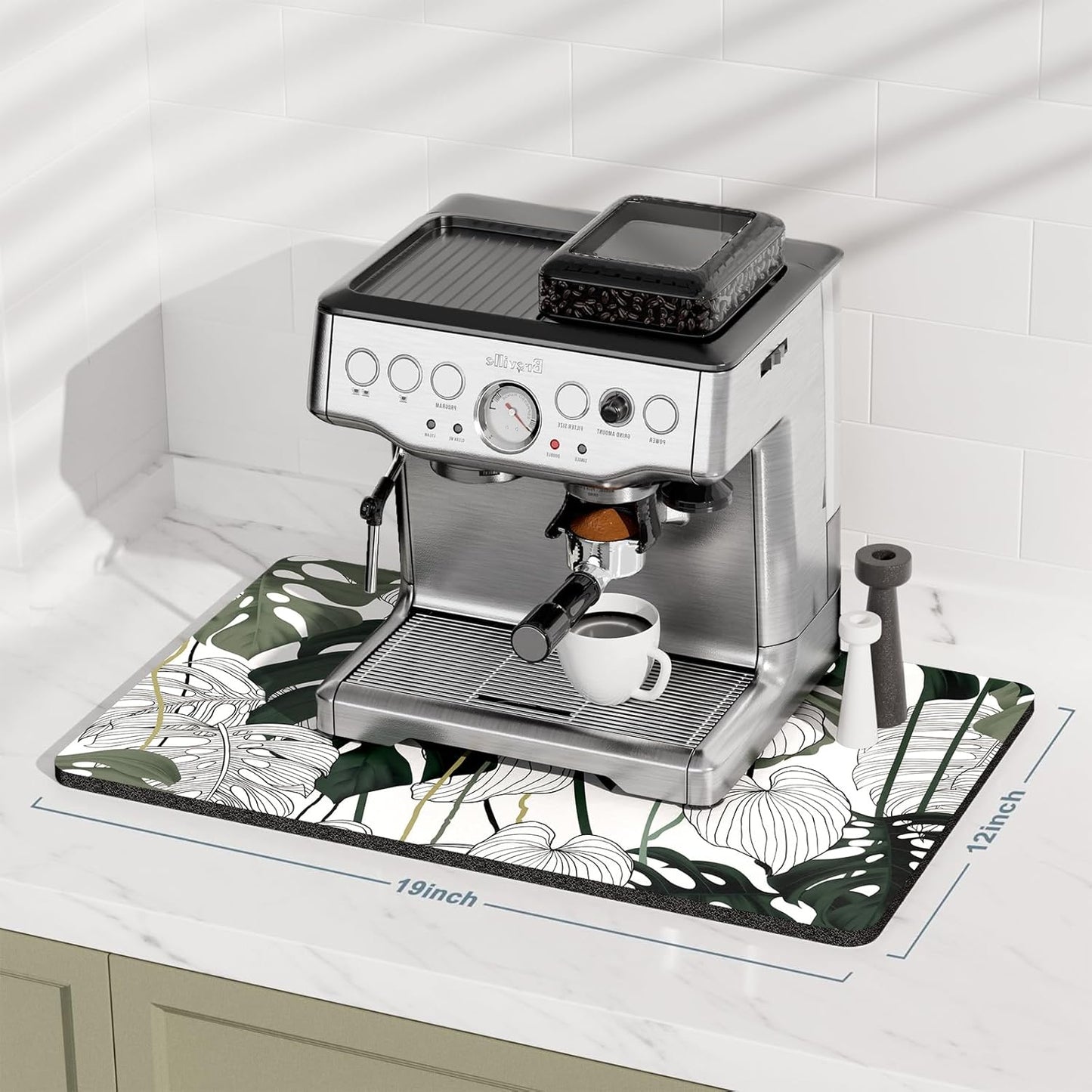 Rnivvi Coffee Mat, 12" x 19" Cute Coffee Bar Mats for Espresso Machine Station Accessories and Organizer, Hide Stain Rubber Backed Absorbent Dish Drying Pad for Kitchen Counter, Tropical Leaves