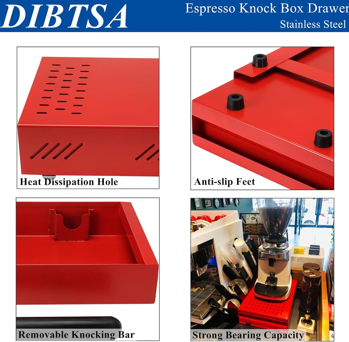 Espresso Coffee Knock Box Drawer, Stainless Steel High Bearing Capacity For Home and Commercial Use,Middle Size 13.77 x 9.84 x 3.54 inch (Red)