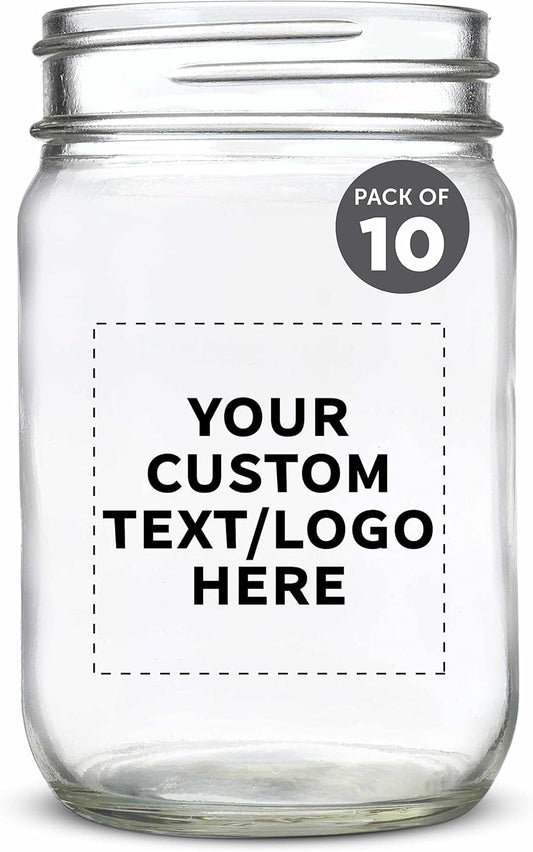 DISCOUNT PROMOS Custom Decorating Mason Jars 12 oz. Set of 10, Personalized Bulk Pack - Glass Jars for Overnight Oats, Candies, Fruits, Pickles, Spices, Beverages - Clear