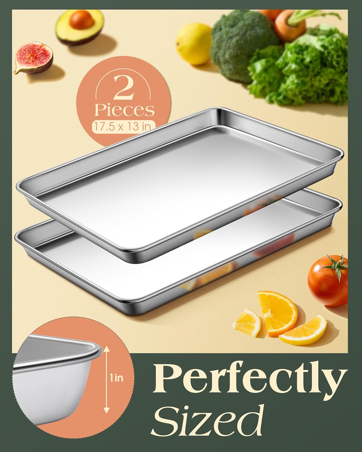 Baking Sheet Set of 2, Commercial Grade Stainless Steel Cookie Sheets for Baking, 18 x 13 Inch Thicker Large Baking Pans Oven Tray, Warp Resistant Nonstick Half Sheet Pan, Nontoxic & Heavy Duty