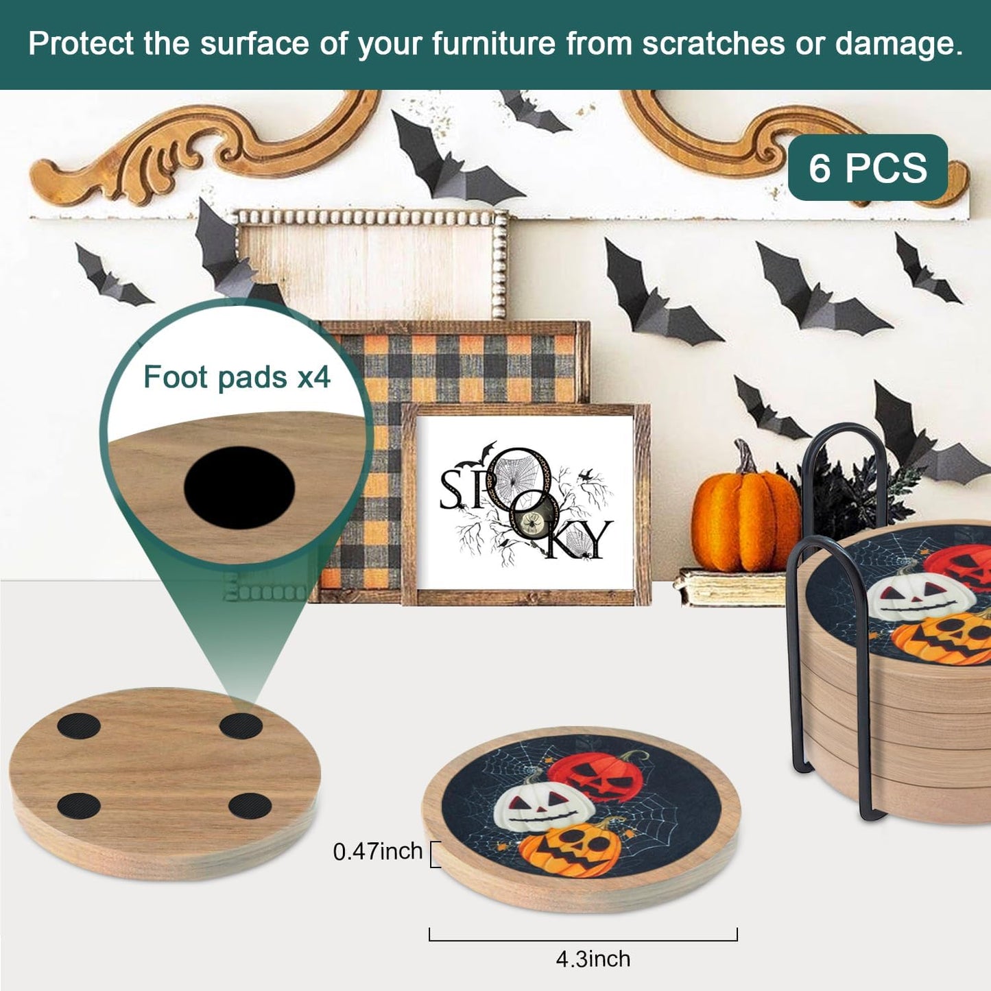 Halloween Coasters Set of 6, Pumpkins Coaster, Minacun Black Absorbent Coasters with Holder Halloween Thanksgiving Themed Party Decoration 4.3 Inch