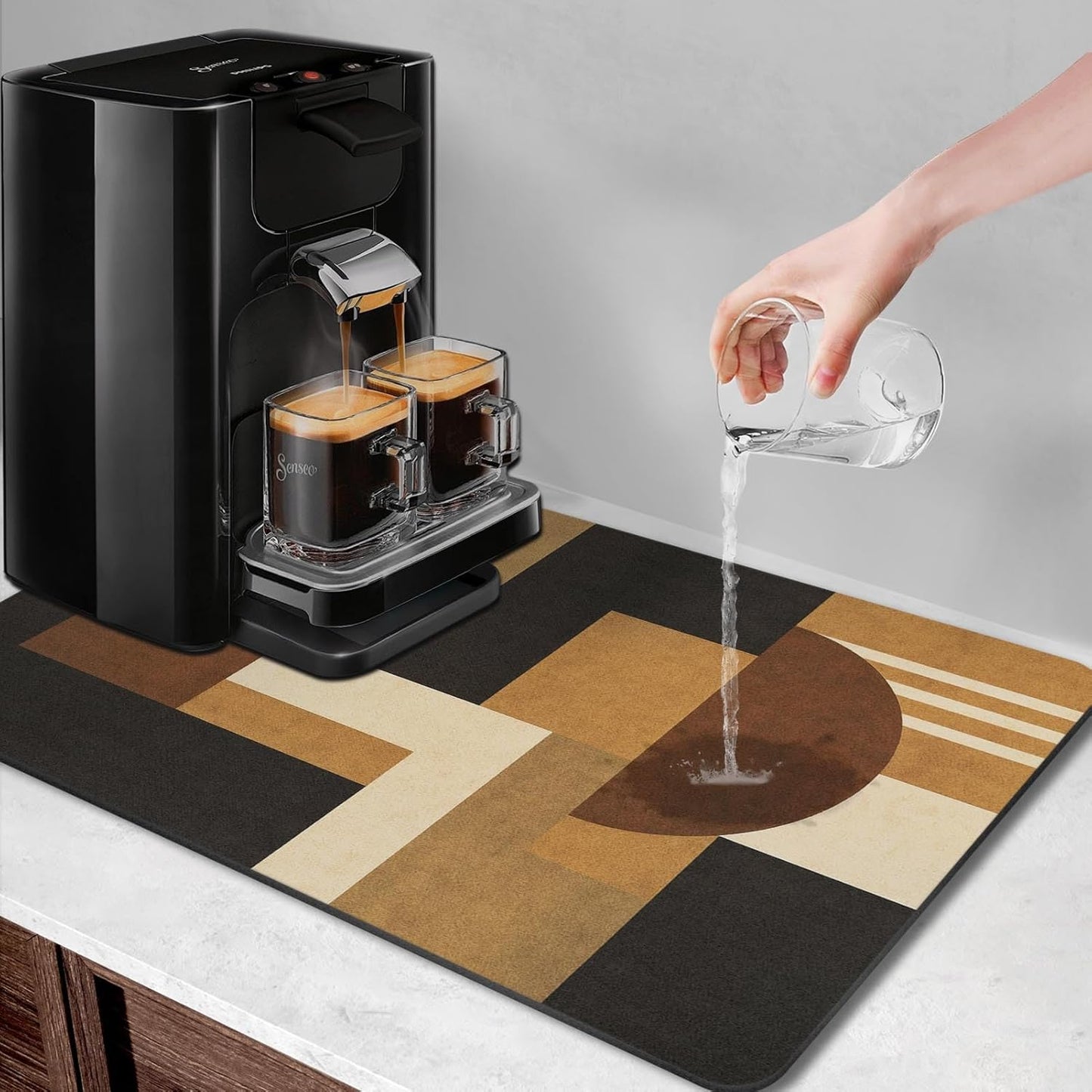 Arttown Coffee Mat for Countertops, Retro Ethnic Geometric Modern Black Brown Dish Drying Mat 2 Pcs for Kitchen Bar Accessories, Coffee Maker Espresso Machine Dish Rack Hide Stain Rubber 12x19in