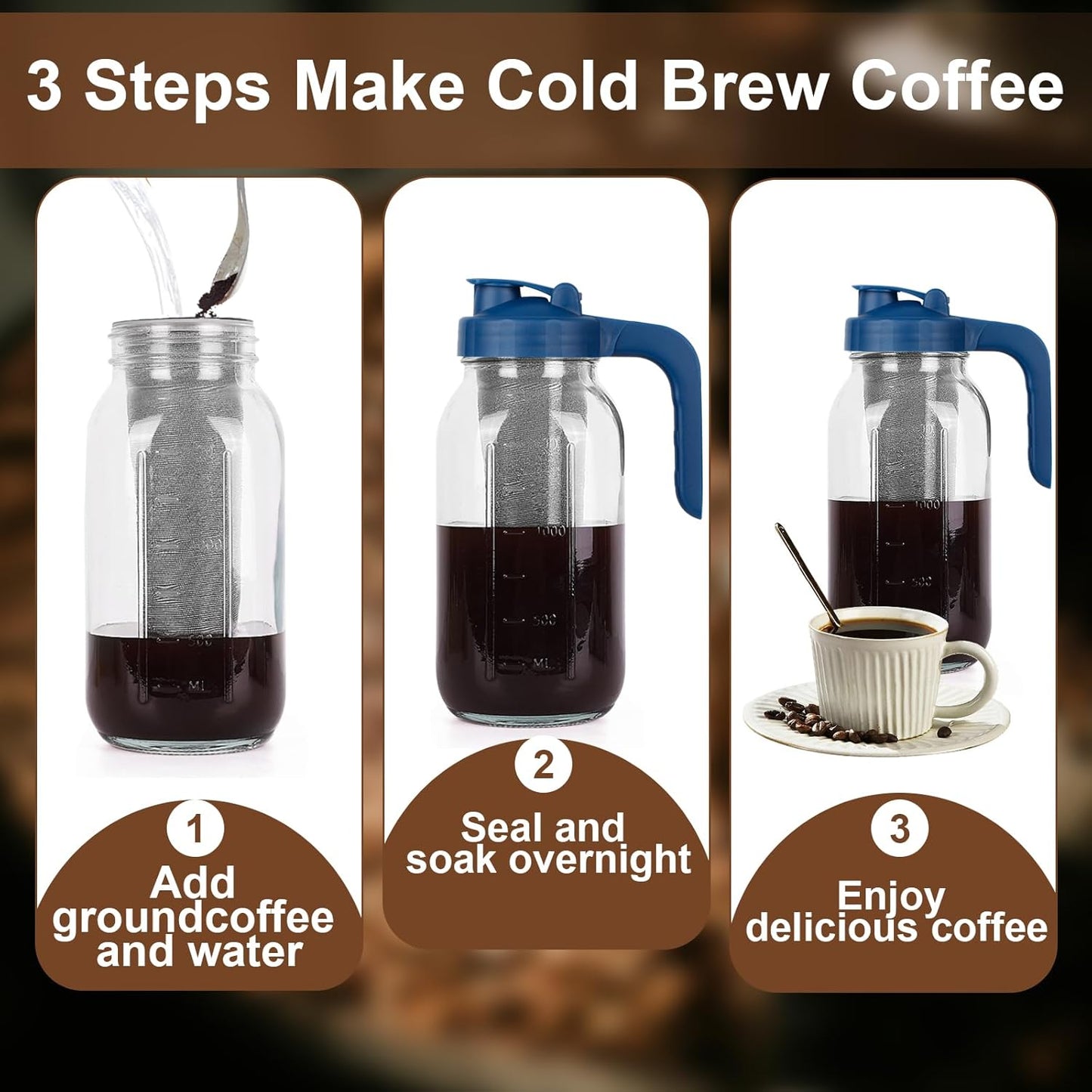 Cold Brew Coffee Maker Pitcher,64 Oz Heavy Duty Glass Mason Jar Pitcher with V-shaped Pour Spout Handle Lid,Stainless Steel Filter for Iced Coffee,Iced tea,Fruit Drinks,lemonade - Blue