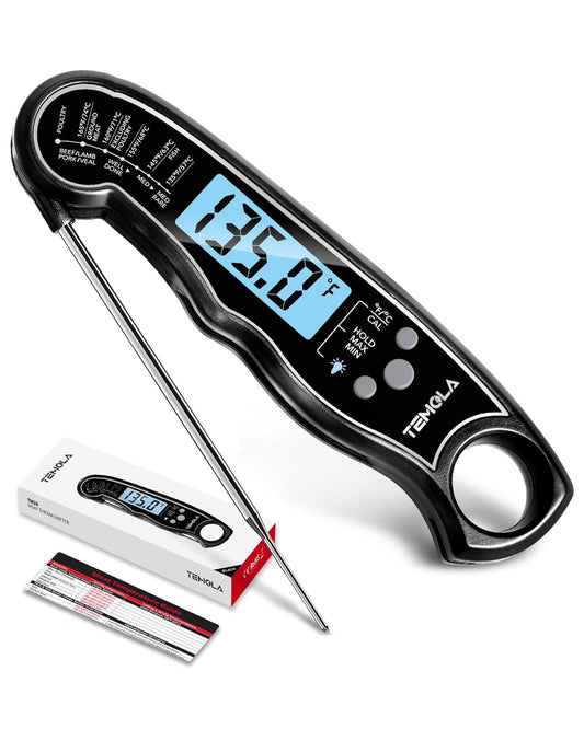 TEMOLA Meat Thermometer, Instant Read Food Thermometer with LCD Backlight Calibration, Waterproof Ultra Fast Digital Cooking Thermometer for Candy Deep Fry Liquids Beef Kitchen Baking Smoker Grill BBQ