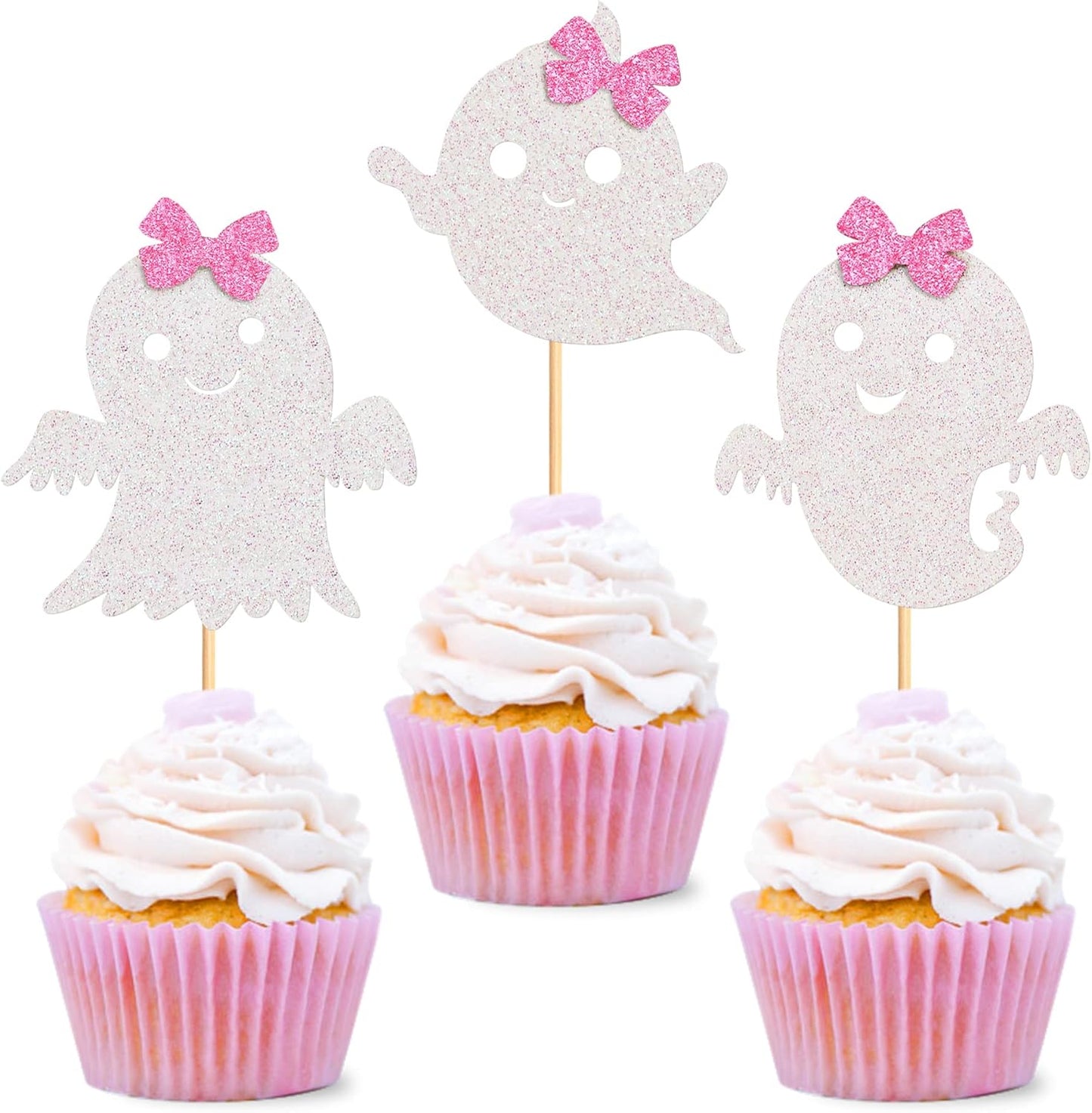 24Pcs Ghost Cupcake Toppers - Pink & White Halloween, Baby Shower, Ghost & Gender Reveal Decorations