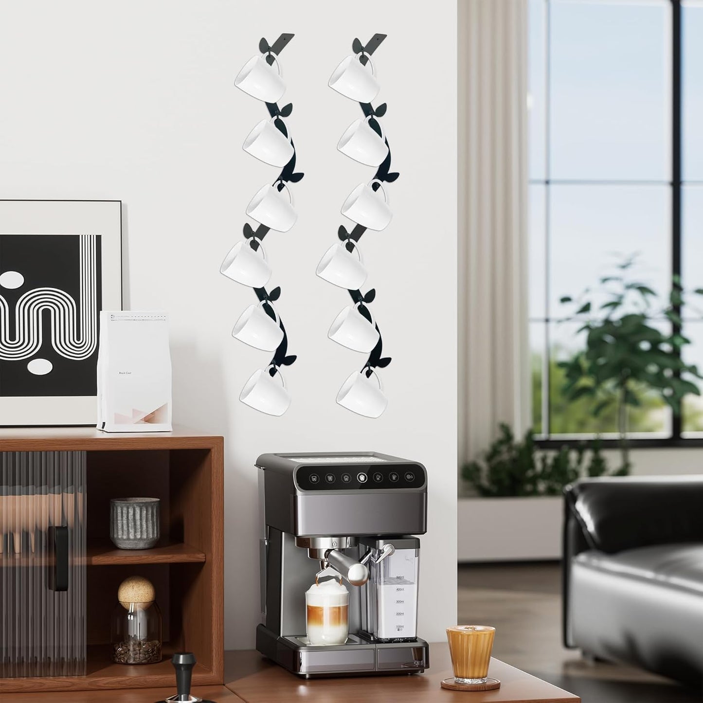 Ecqizer Coffee Mug Wall Rack - Metal Cup Holder Tree for Bar Decor - 4pcs Black Mounted Rack