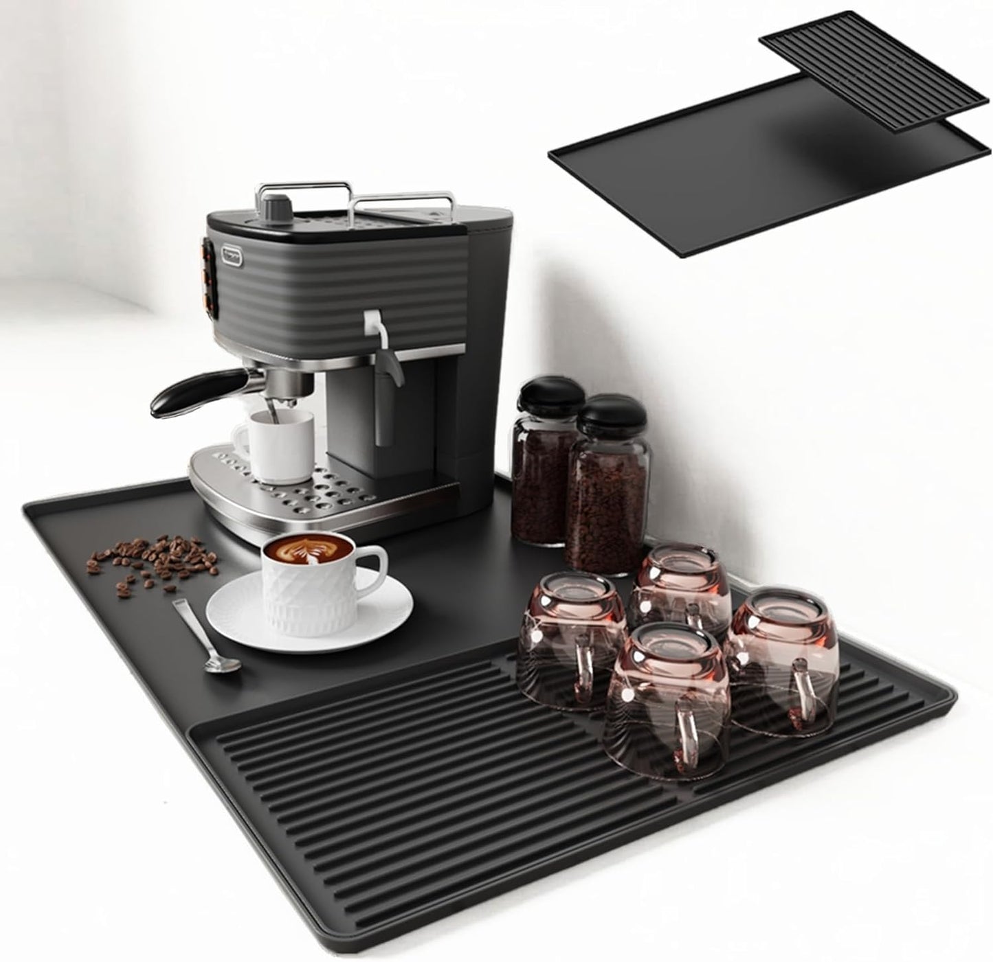 Coffee Bar Mat, Coffee Maker Mat, 24"x16" Silicone Coffee Mat, Spill-Proof, Non-Slip, Heat-Resistant, Fits Under Coffee Maker & Dish Rack (Black, 24"x16")