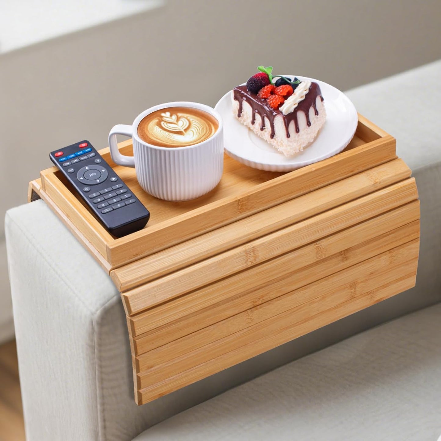 Bamboo Sofa Arm Tray Foldable Couch Arm Tray Anti-Slip Armrest Cup Holder For Couch For Drinks Snacks Phone Remote