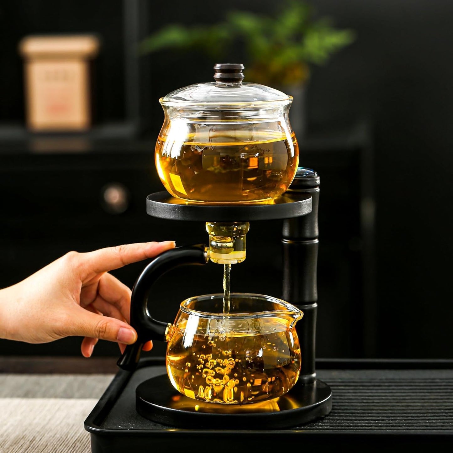 Glass Teapot Set with Infuser Semi Automatic Tea Set Magic Teapot (Bamboo - black)