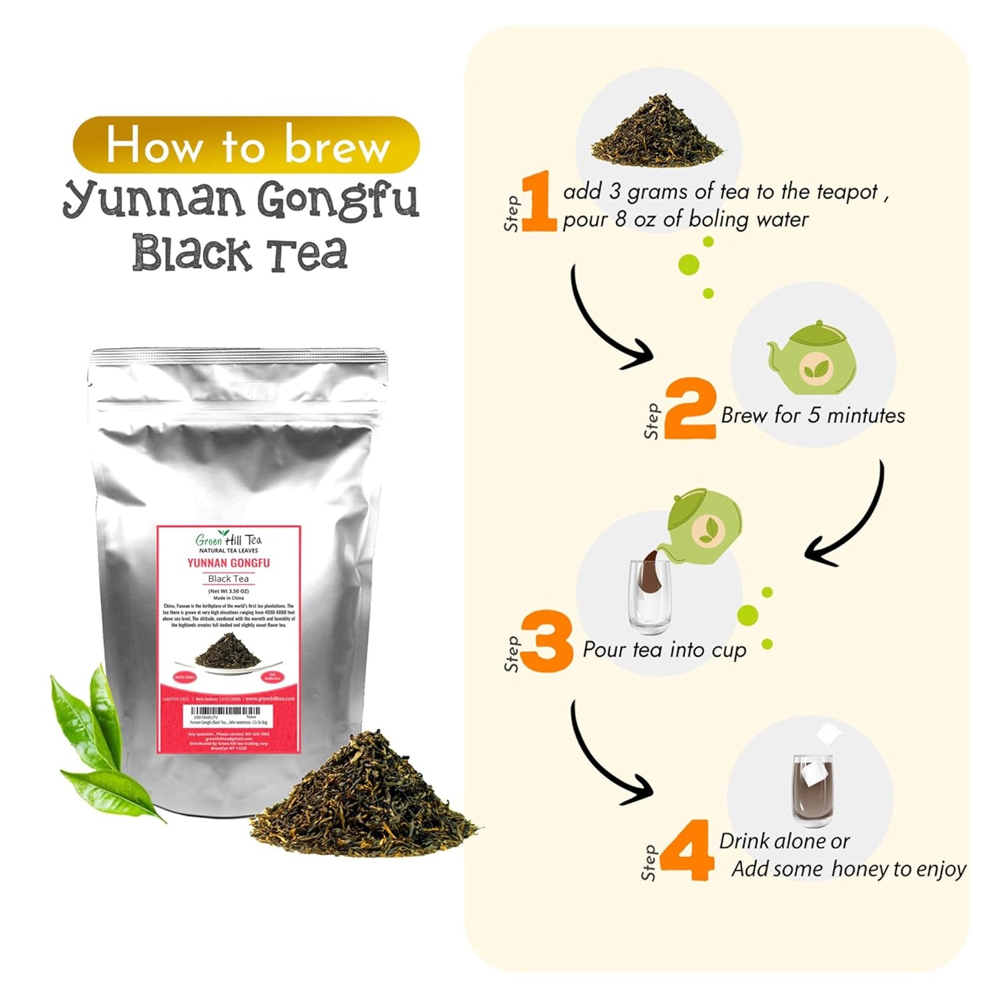 Yunnan Gongfu Black Tea , Natural Black Tea with Excellent fullness with subtle sweetness– 3.5 Oz Bag