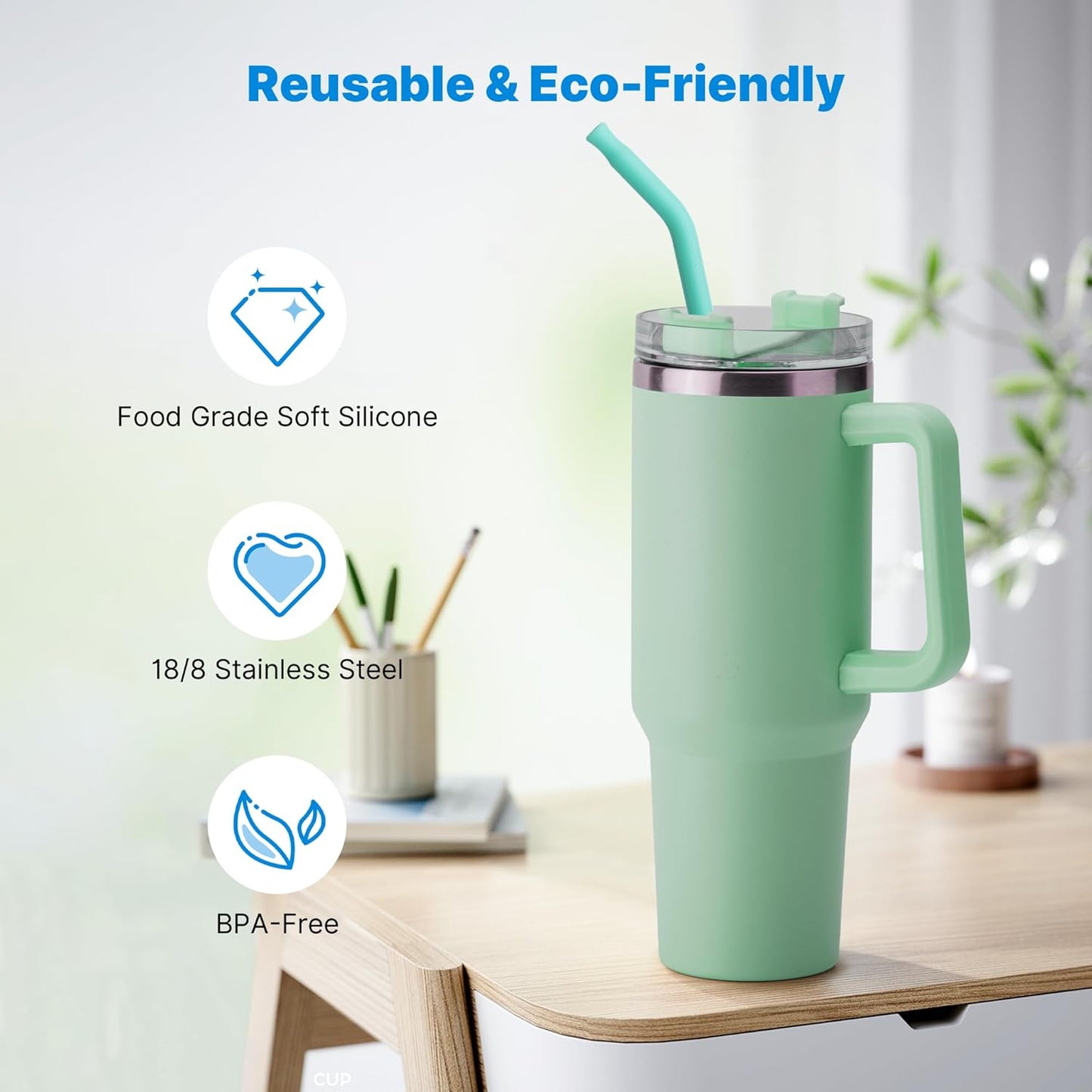 2 Pcs Stainless Steel Straws for 40 oz Stanley Tumbler, Replacement 40 oz Stanley Cup Straw Accessories with Silicone Tips and Cleaning Brush (Teal)