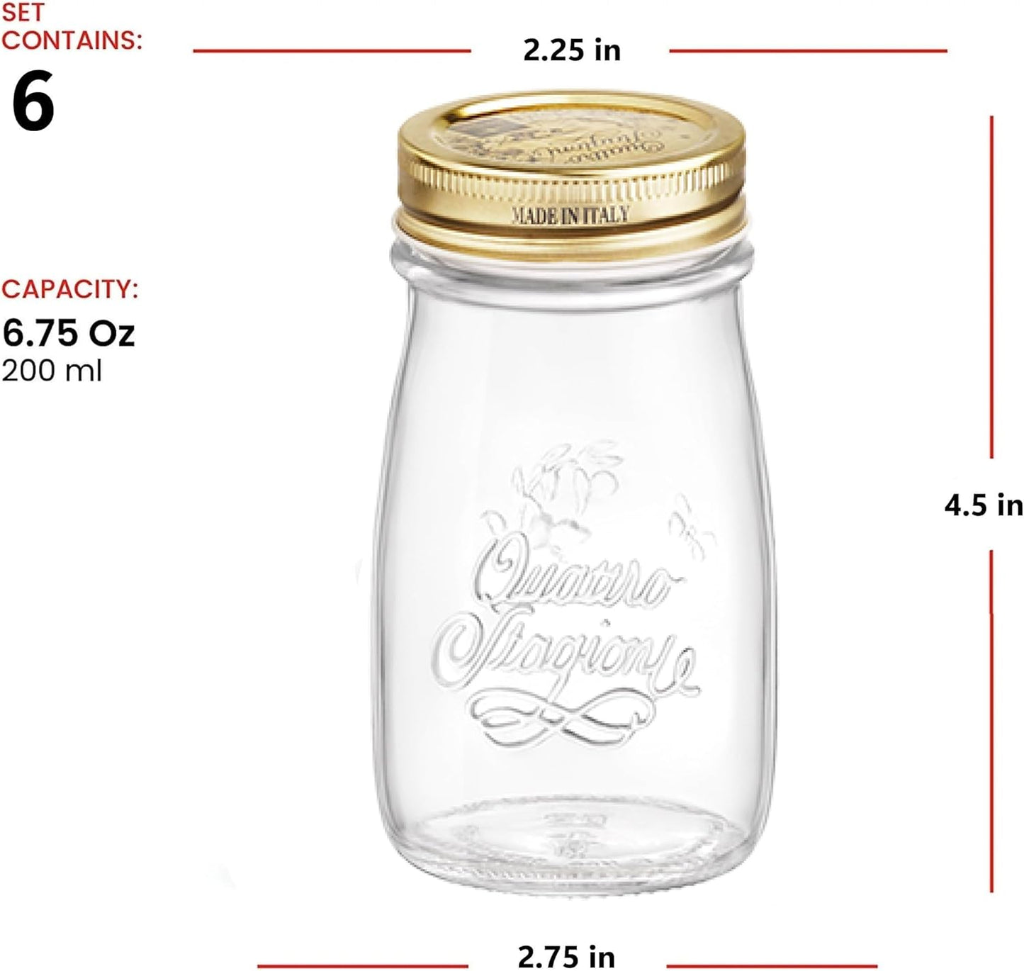 Bormioli Rocco Quattro Stagioni Small Bottles, Set of 6-6.75 Oz. Embossed Reusable Glass Jars with Airtight Lid, For Food Prep, Sauces, Gifts & Crafts - Round Bottle Containers, Made in Italy
