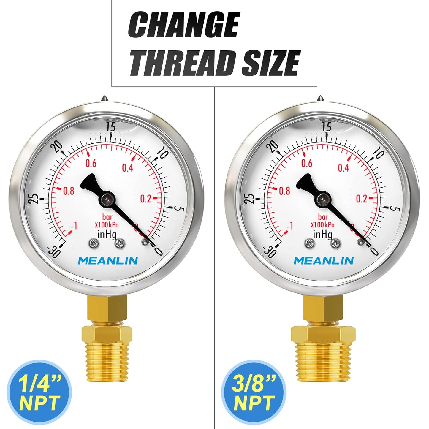MEANLIN MEASURE -30inHG~0Psi Stainless Steel 1/8" NPT 2.5" FACE DIAL Vacuum Pressure Gauge, Lower Mount, with 1/4" NPT and 3/8" NPT Hex Bushing