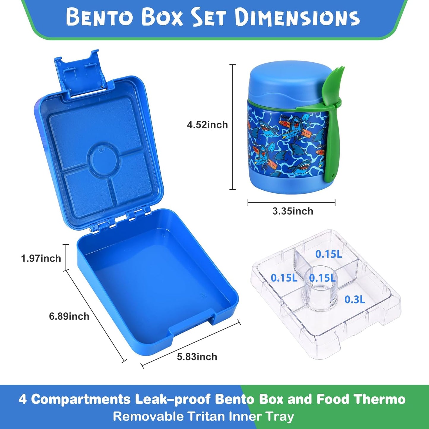 Bento Lunch Box Set With 10oz Soup Thermo, Leak-proof Lunch Containers with 4 Compartment, Kids Hot Thermo Food Jar/Insulation Lunch Bag, Food Containers for School（Shark）