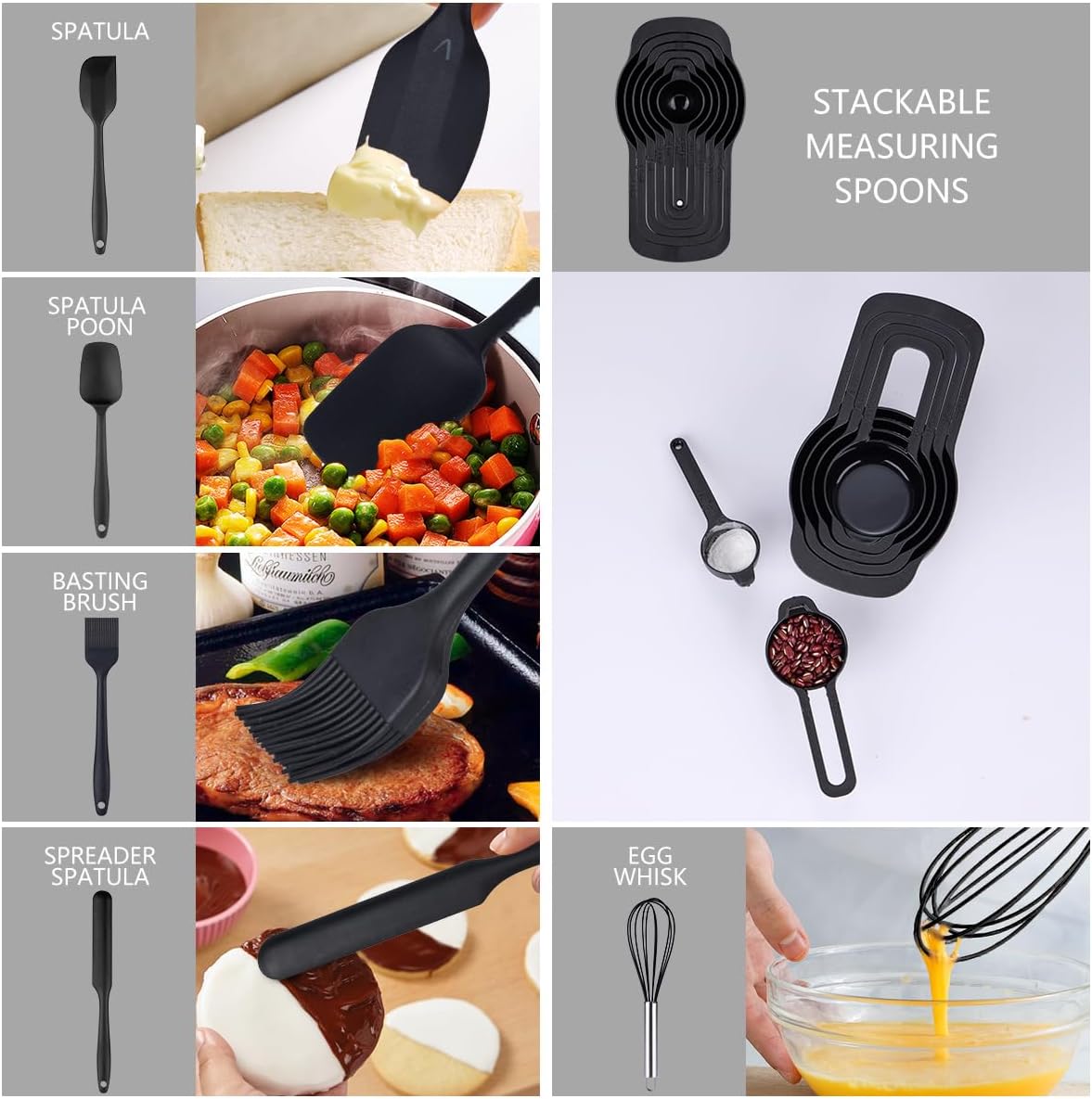 Mixing Bowls with Lids set - 25 PCS Stainless Steel Nesting Black Mixing Bowls Set for Baking, Mixing, Serving & Prepping, Size 5, 3.7, 2.8, 2.3, 1.7, 1.1, 0.7QT, 11 Cooking Utensils