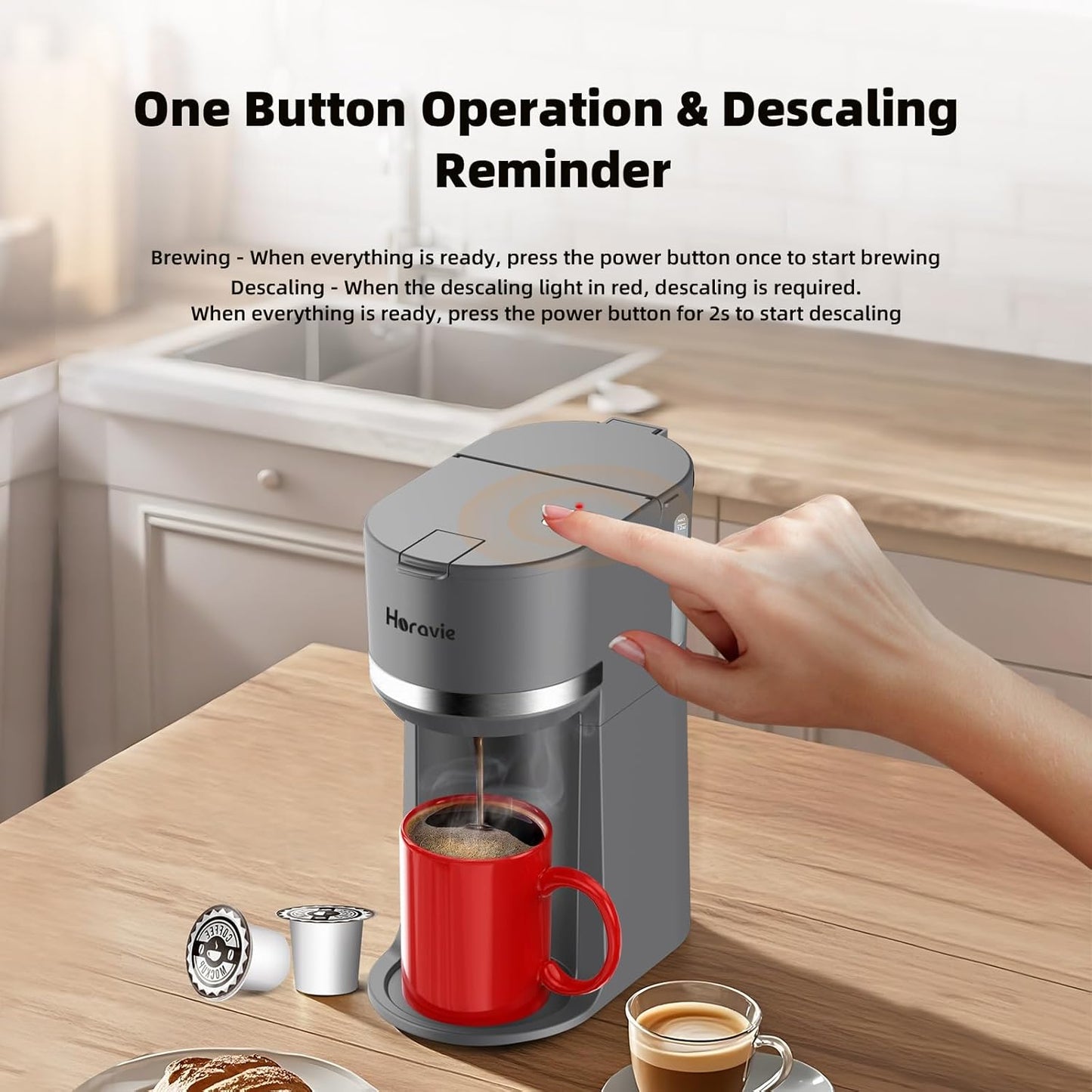 Mini Single Serve Coffee Maker for K Cup and Ground Coffee, Fast Brew One Cup Coffee Machine with Descaling Reminder and Water Window, 6 to 12 oz. Brew Sizes, Grey