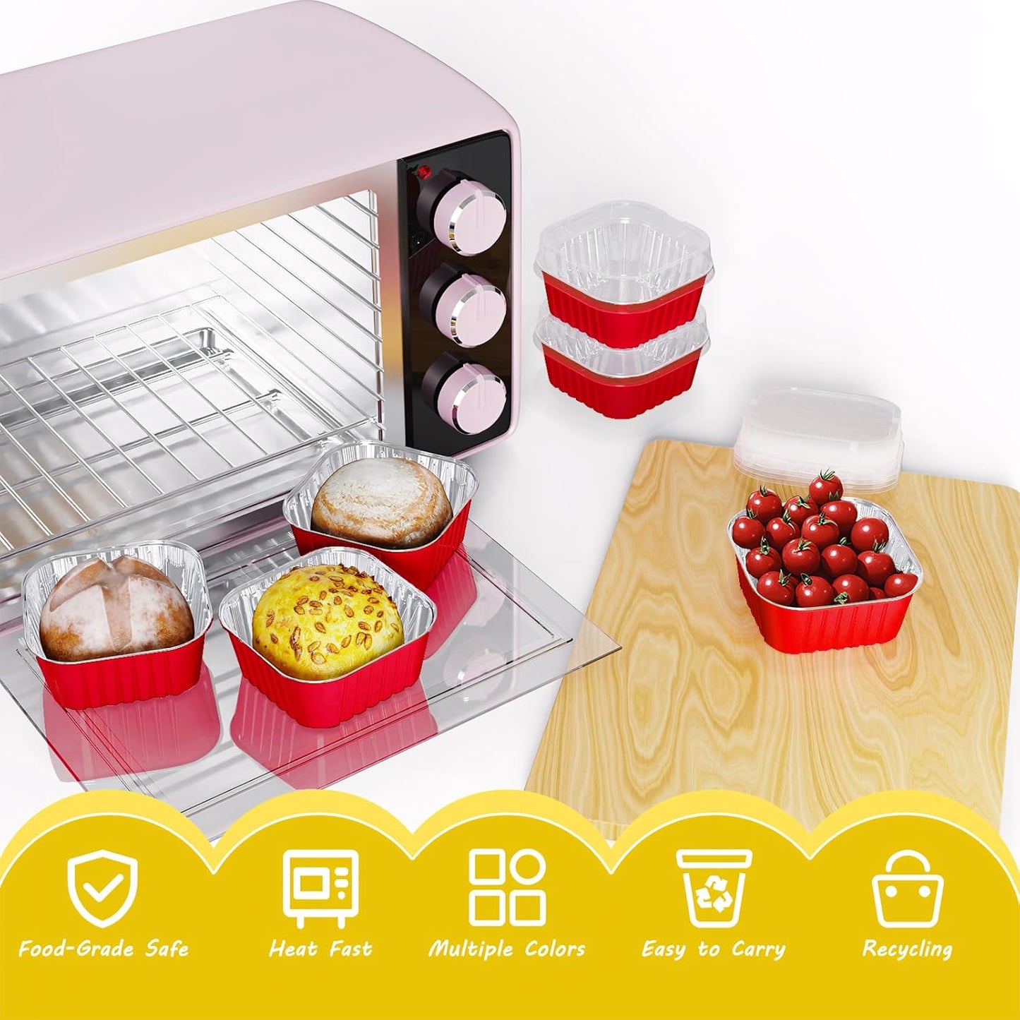 25 Pack Square Mini Cake Pans with Lids,Mini Loaf Pans with Lids,Aluminum Foil Baking Cups,Disposable Ramekins Cupcake Cups,Dessert Cups for Wedding Birthday Party Picnics,5oz (Red)