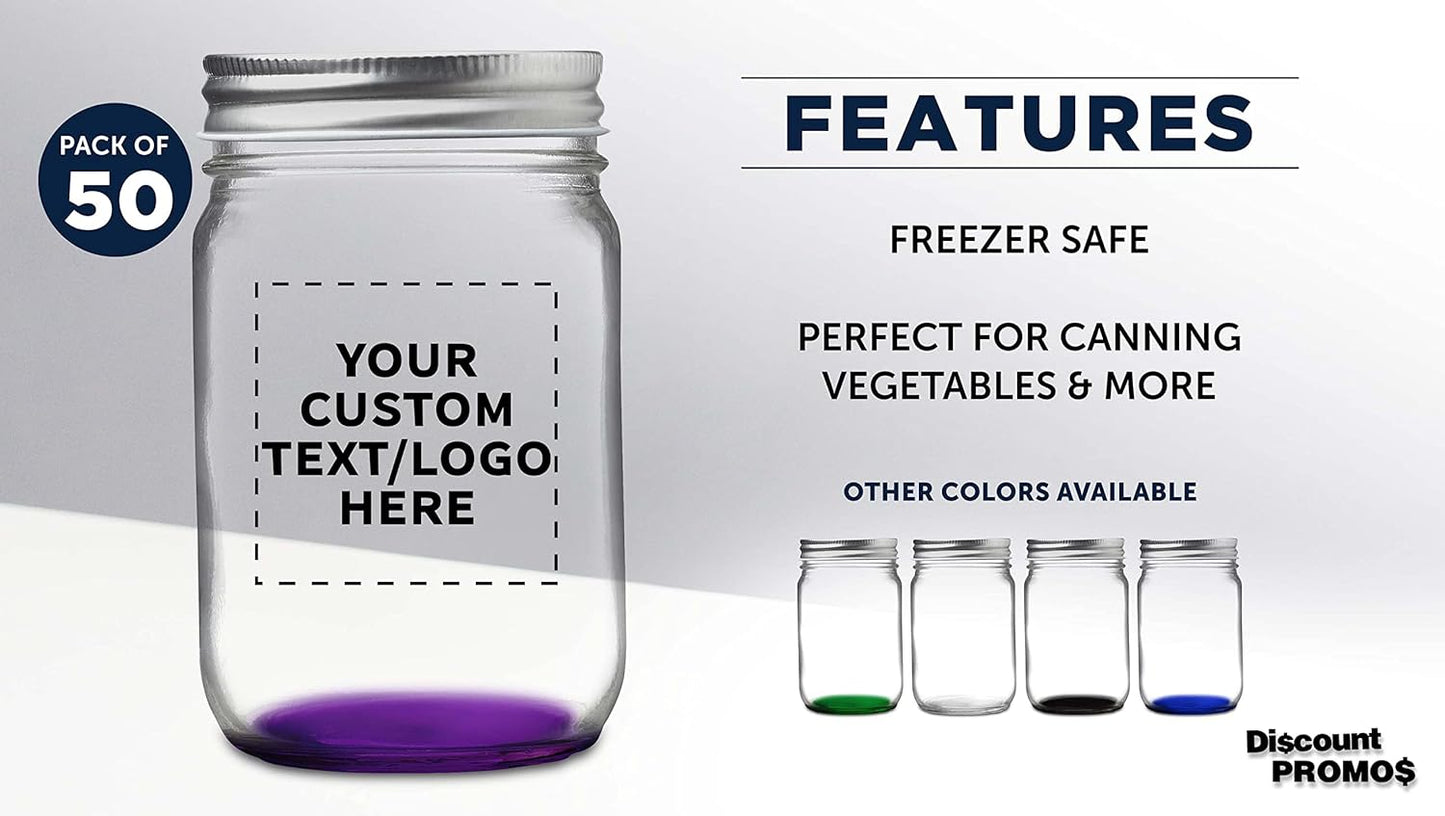 DISCOUNT PROMOS 50 Decorating Mason Jars Set, 12 oz. - Customizable Text, Logo - Canning, Aluminum Lid - Purple