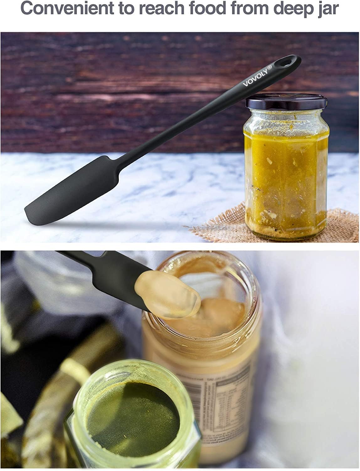 2-Pack Vovoly Silicone Jar Spatulas, Small Seamless Design Rubber Scraper with Stainless Steel Core, Heat Resistant and Non-Stick Mini Spatula for Jars and Blenders, BPA Free,11 IN, Black