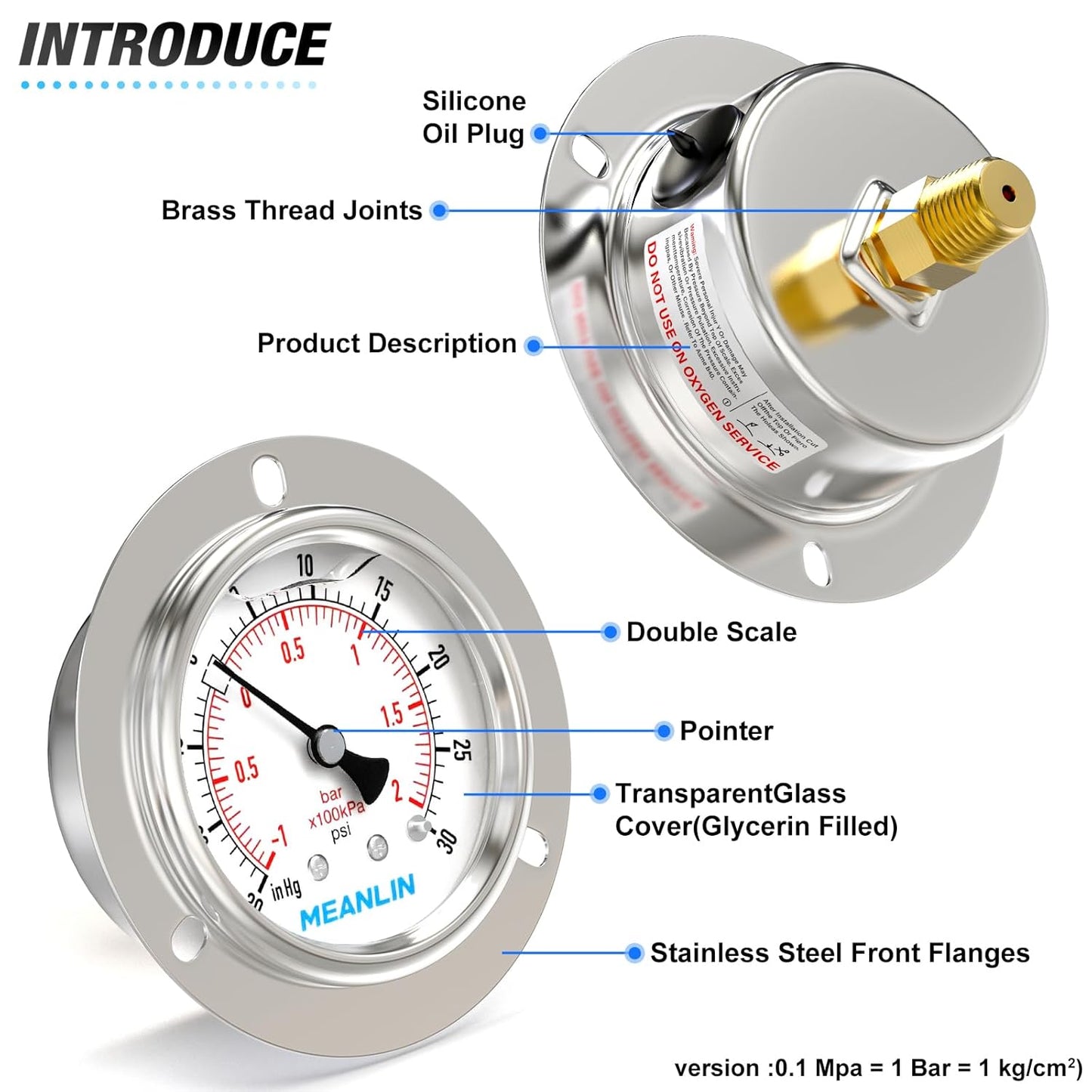 MEANLIN MEASURE -30inHG~30Psi Liquid Filled Pressure Gauge Front Flange Panel Mount, 1/4" NPT 2.5" FACE DIAL Stainless Steel Case with Phillips Screw and Nut, +/-3-2-3%