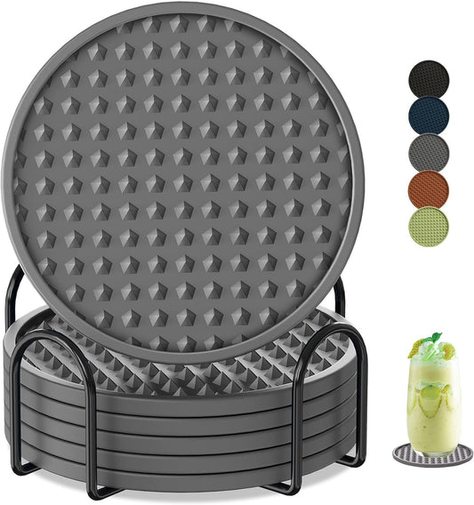 Coasters for Drinks 6 Pack Drink Coasters with Holder,Heat Resistant Silicone Cup Mat Tabletop Protection,Non-Slip Rubber Coaster for Kinds of Cups (Grey)