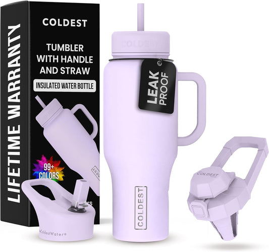 Coldest 40 oz Tumbler with Handle and Straw - 100% Leak Proof Insulated Tumbler with Lid and Straw (3 Lids) - Stainless Steel Tumblers for Women & Men - Cup Holder Friendly Base, 36 oz (Lilac Blue)