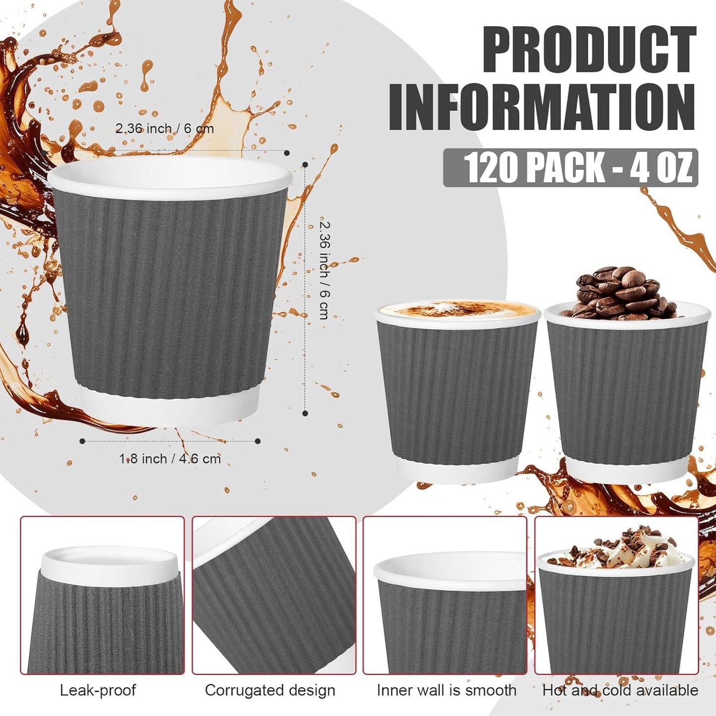 240Pack Paper Espresso Coffee Cups, 4 oz Disposable Coffee Cups,Corrugated Insulated Ripple Wall, Paper Ripple Cups for Coffee, Hot Chocolate and Hot Tea Drinks -Gray